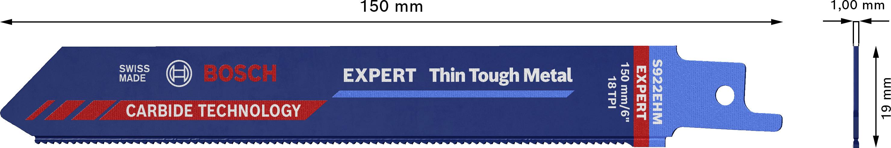 Säbelsägeblatt von Bosch, 150 mm lang, geeignet für dünne Metalle. Beschriftung: 'EXPERT Thin Tough Metal', 'Carbide Technology'.