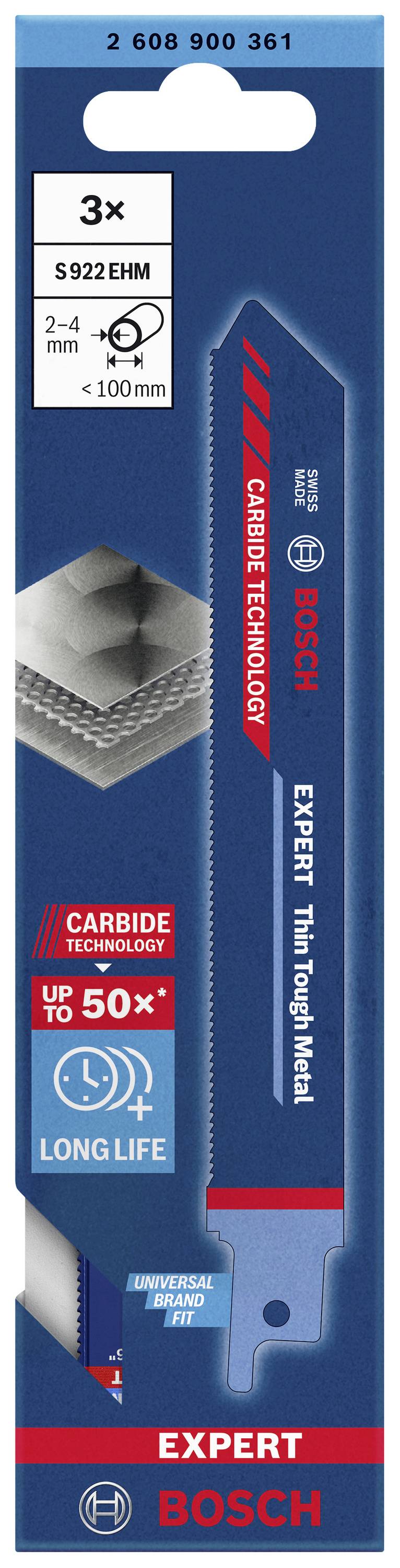 Verpackung für Bosch-Experten-Sägeblatt, geeignet für dünne Metalle bis 100 mm, 3 Stück, 2-4 mm. Lange Lebensdauer durch Hartmetall-Technologie.