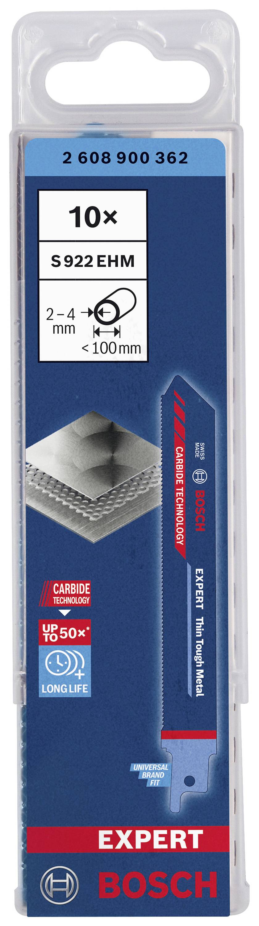 Verpackung enthält 10 Bosch Sägeblätter, Modell S922 EHM, geeignet für Metall von 2-4 mm. Beschriftung: 'DURATEC Technology', 'Carbide Technology'.