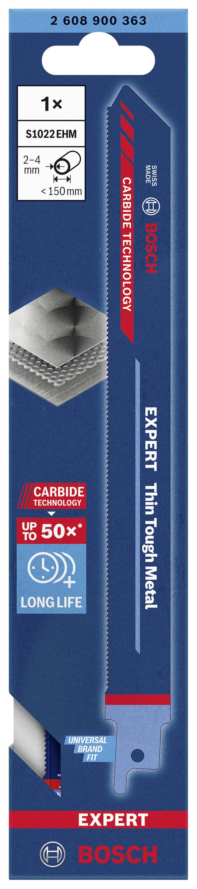 Eine Bosch Expert Metallsägeblattverpackung zeigt das Sägeblatt und hebt die Langlebigkeit, Schnelligkeit und Präzision hervor.