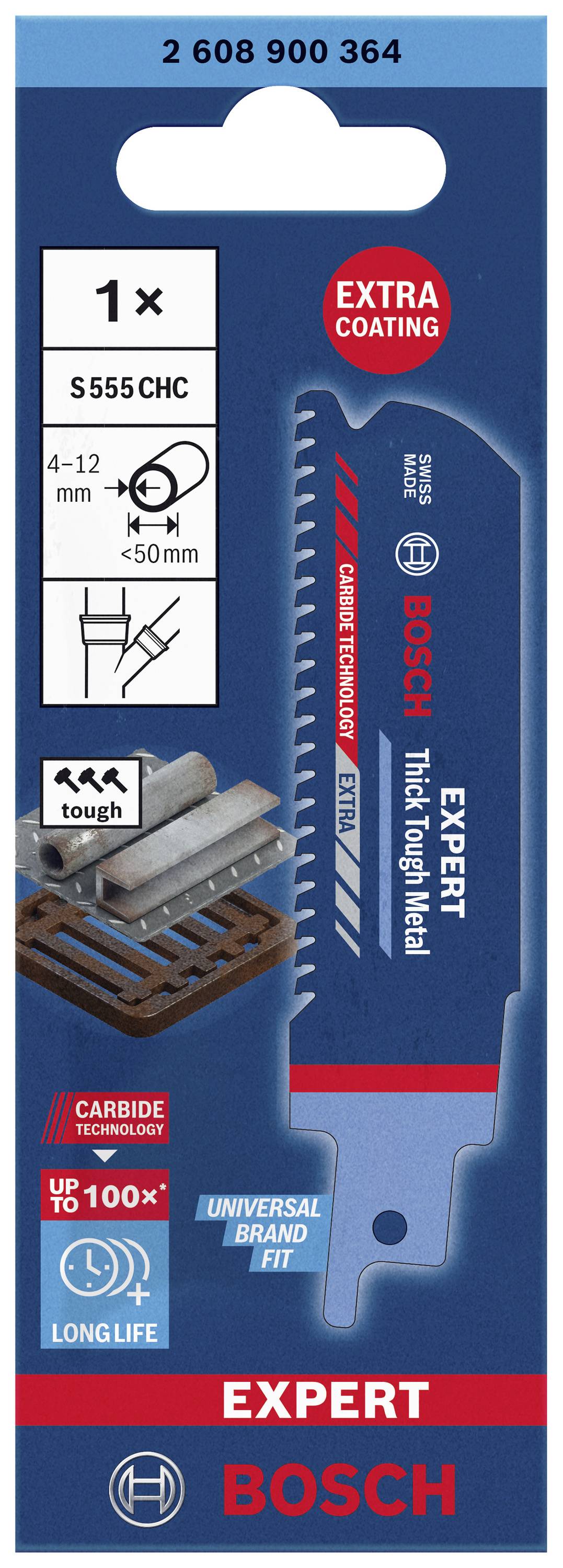 Sägeblattverpackung von Bosch, Modell S555CHC, geeignet für dickes Metall, mit extrarobuster Beschichtung und universeller Passform.