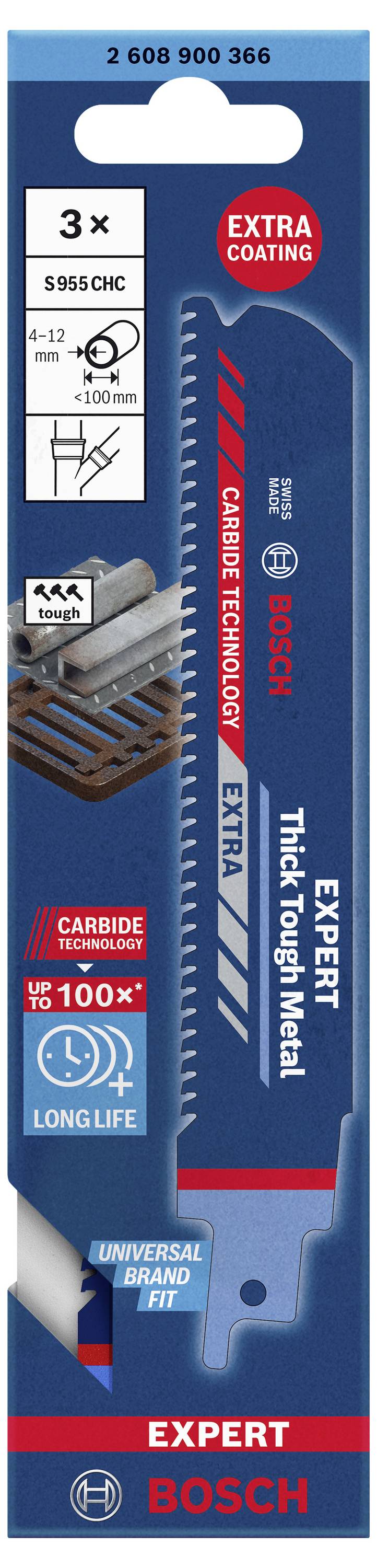 Bosch Expert Metall-Sägeblatt, 3er-Pack, für dicken Metallzuschnitt, besonders langlebig mit Carbide-Technologie, universelle Passform.