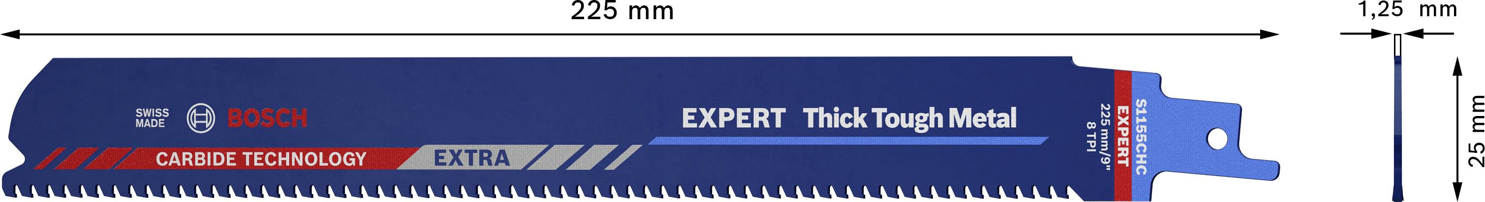 Säbelsägeblatt 'EXPERT Thick Tough Metal' von Bosch, 225 mm Länge, 25 mm Höhe, 1,25 mm Stärke, für stabile Metallschnitte.