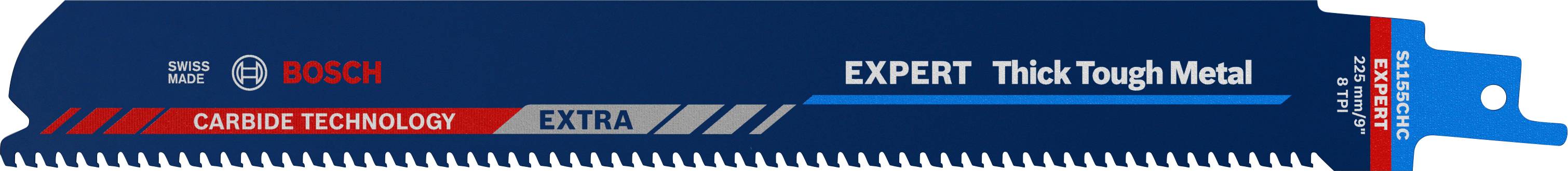 Säbelsägeblatt von Bosch mit der Aufschrift 'EXPERT Thick Tough Metal', geeignet für dickes Metall, mit extra starker Karbid-Technologie.