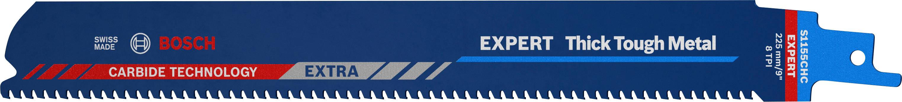 Sägeblatt von Bosch für dickes, hartes Metall. Markierungen: 'EXPERT', 'THICK TOUGH METAL', 'CARBIDE TECHNOLOGY EXTRA'.