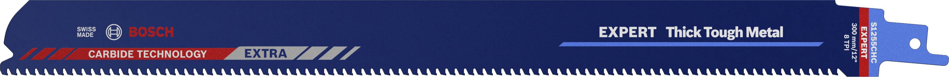 Sägeblatt mit Aufschrift 'EXPERT Thick Tough Metal', Bosch-Logo und 'CARBIDE TECHNOLOGY' auf blauem Hintergrund.