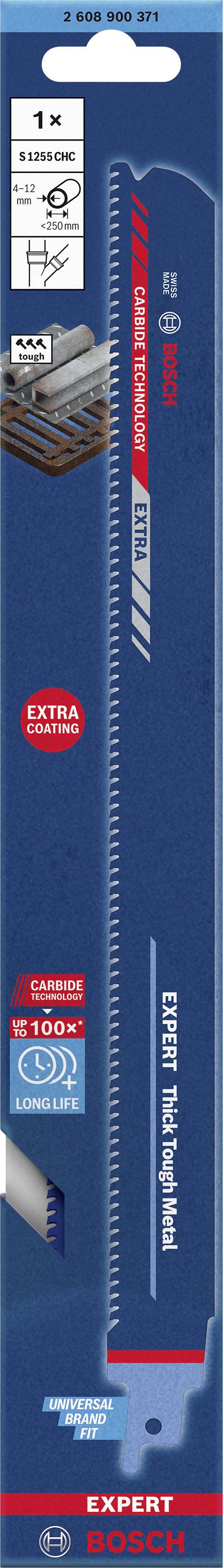 'Sägeblatt Bosch Expert Thin Metal', Abbildung des Sägeblatts in Originalverpackung, betont Langlebigkeit und hohe Leistung für Metall.