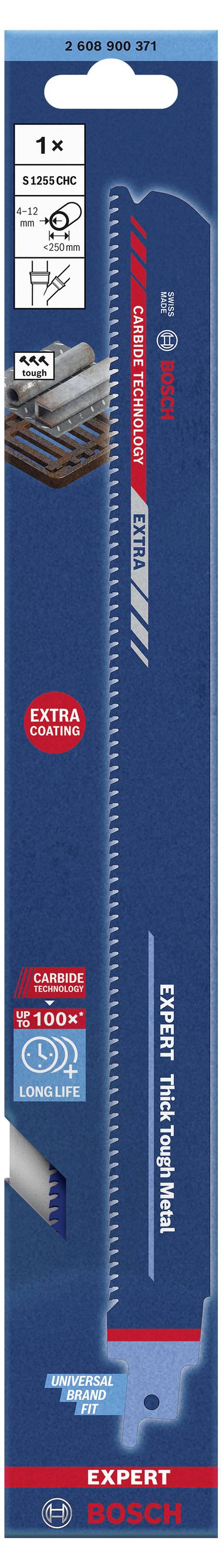 Verpackung für ein Säbelsägeblatt von Bosch, geeignet für Metall. Enthält das Aufschrift 'EXPERT Thick Tough Metal', TPI 14.