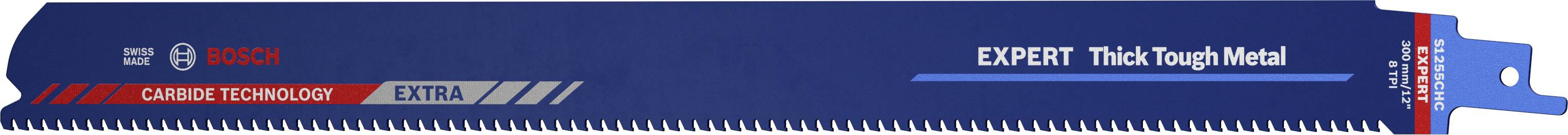 Säbelsägeblatt mit blauem Design. Aufschrift: 'EXPERT Thick Tough Metal', geeignet für dicke Metalle. Bosch-Logo sichtbar.