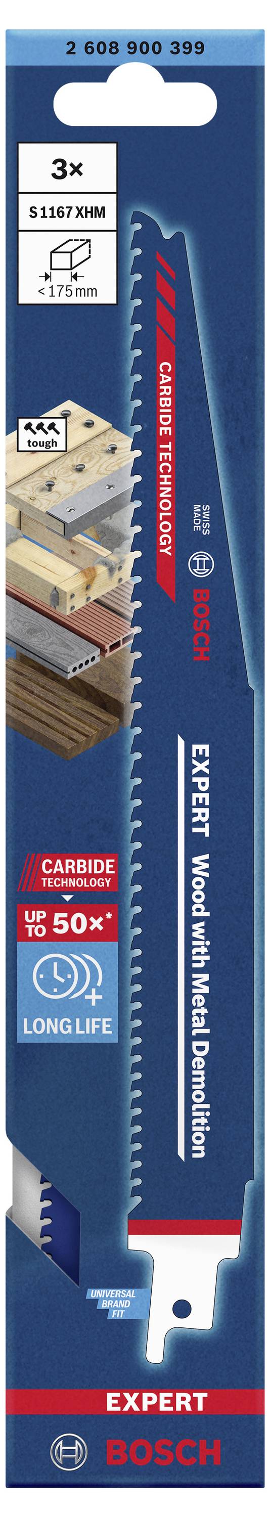 Bosch Accessories 2608900399 EXPERT ‘Wood with Metal Demolition’ S 1167 XHM Säbelsägeblatt, 3 Stück Sägeblatt-Länge 225mm 3St.