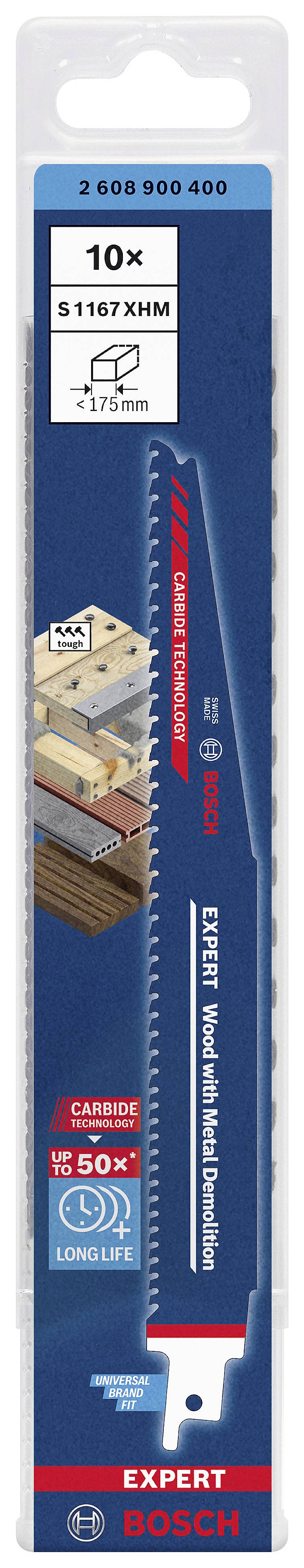 Bosch Accessories 2608900400 EXPERT ‘Wood with Metal Demolition’ S 1167 XHM Säbelsägeblatt, 10 Stück Sägeblatt-Länge 225mm 10St.