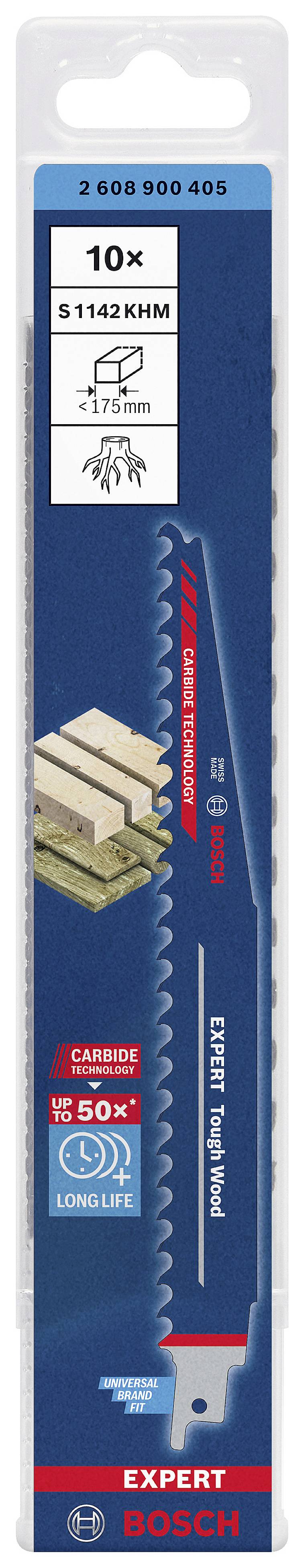 'Bosch Expert'-Verpackung für Stichsägeblätter, 10 Stück, geeignet für hartes Holz, lange Lebensdauer, Abbildung eines Blattes und Holz.