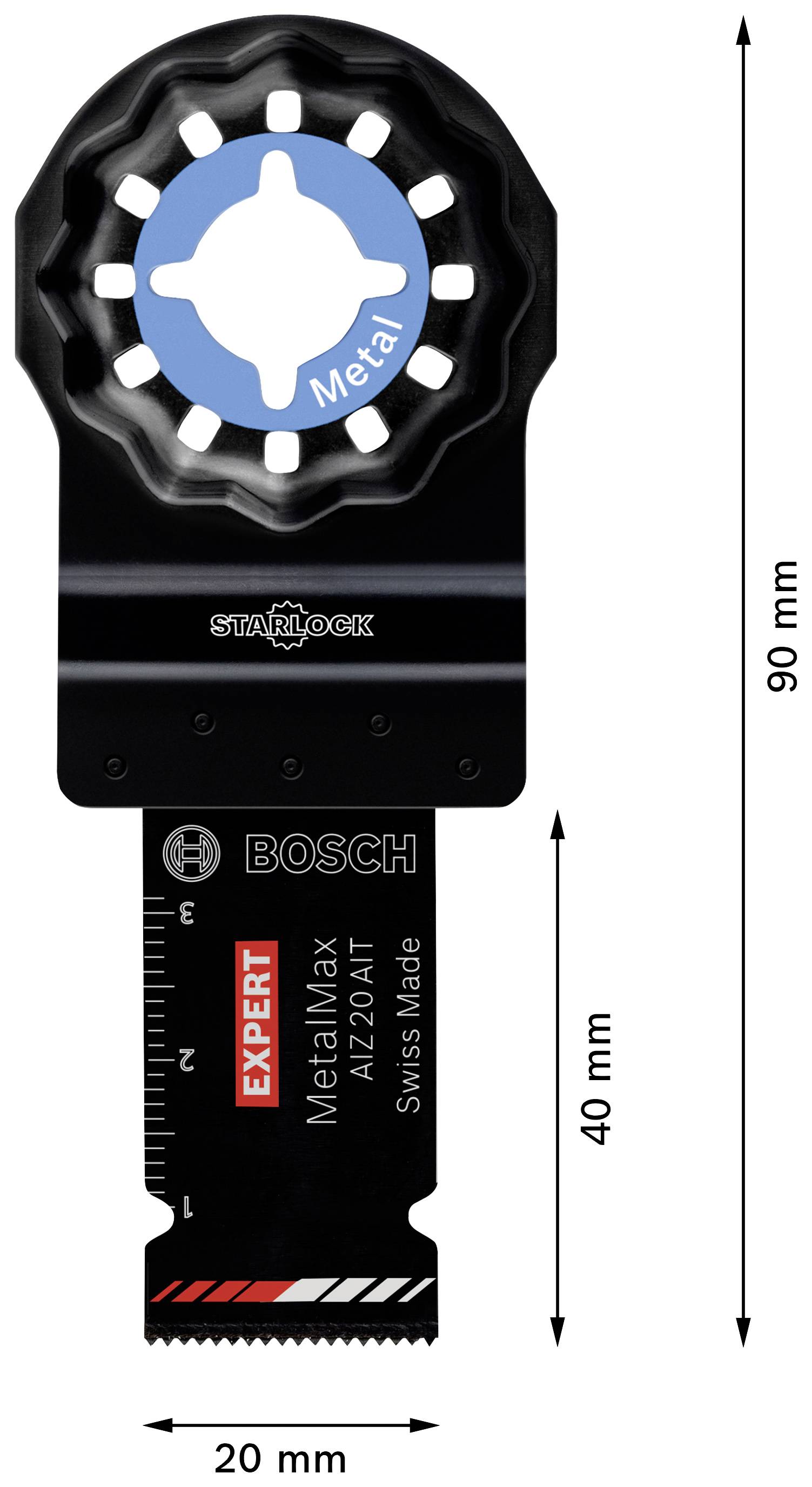 Schwarzes Sägeblatt mit Starlock-Aufnahme und blauem Metallaufsatz. Bosch-Logo und Skala zeigen Maße: 90 mm Länge, 20 mm Breite.