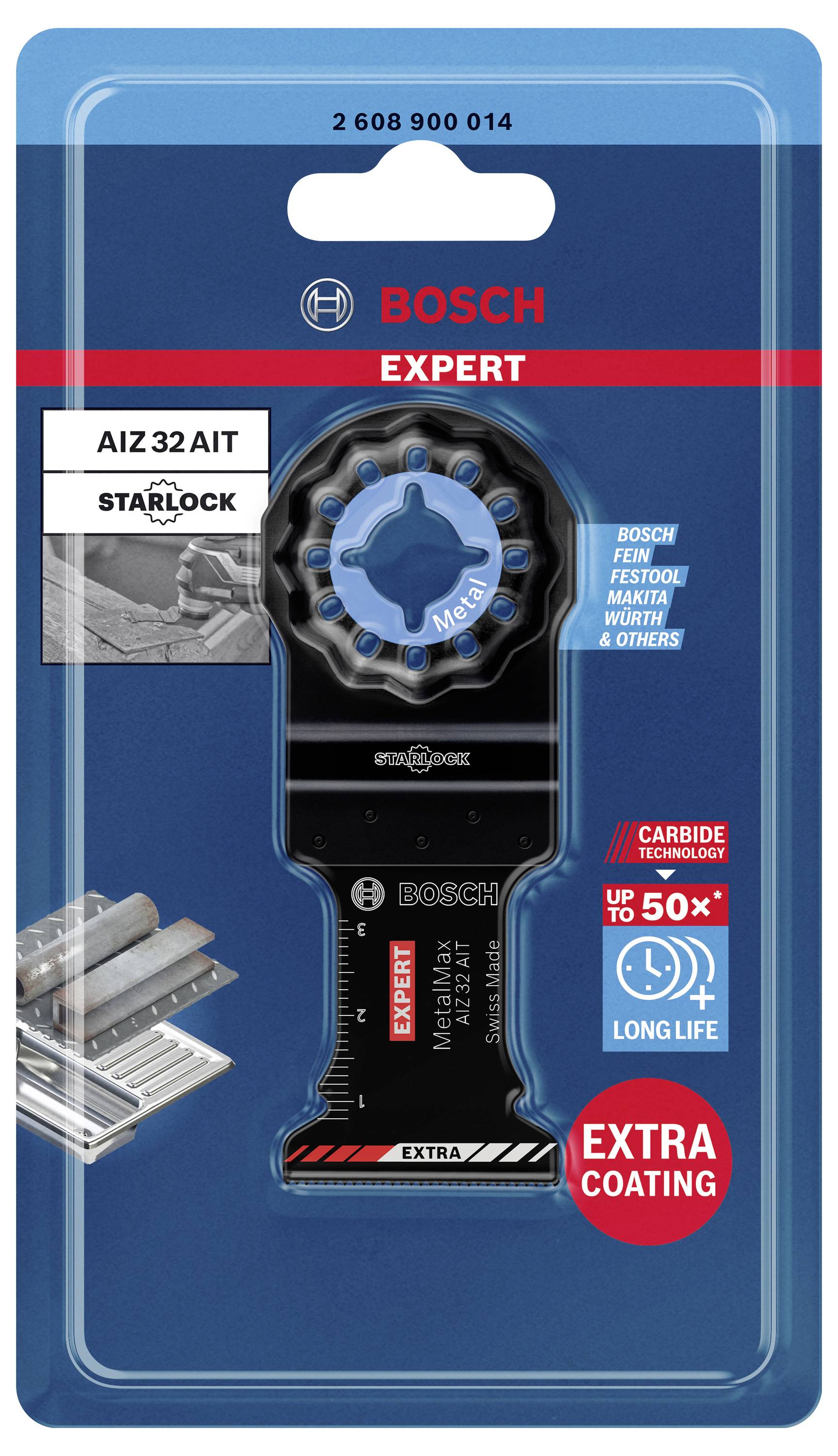 'Bosch Expert' Sägeblatt mit Starlock-Befestigung in Blisterverpackung. Geeignet für Metall, erhöhte Haltbarkeit durch 'Extra Coating'.