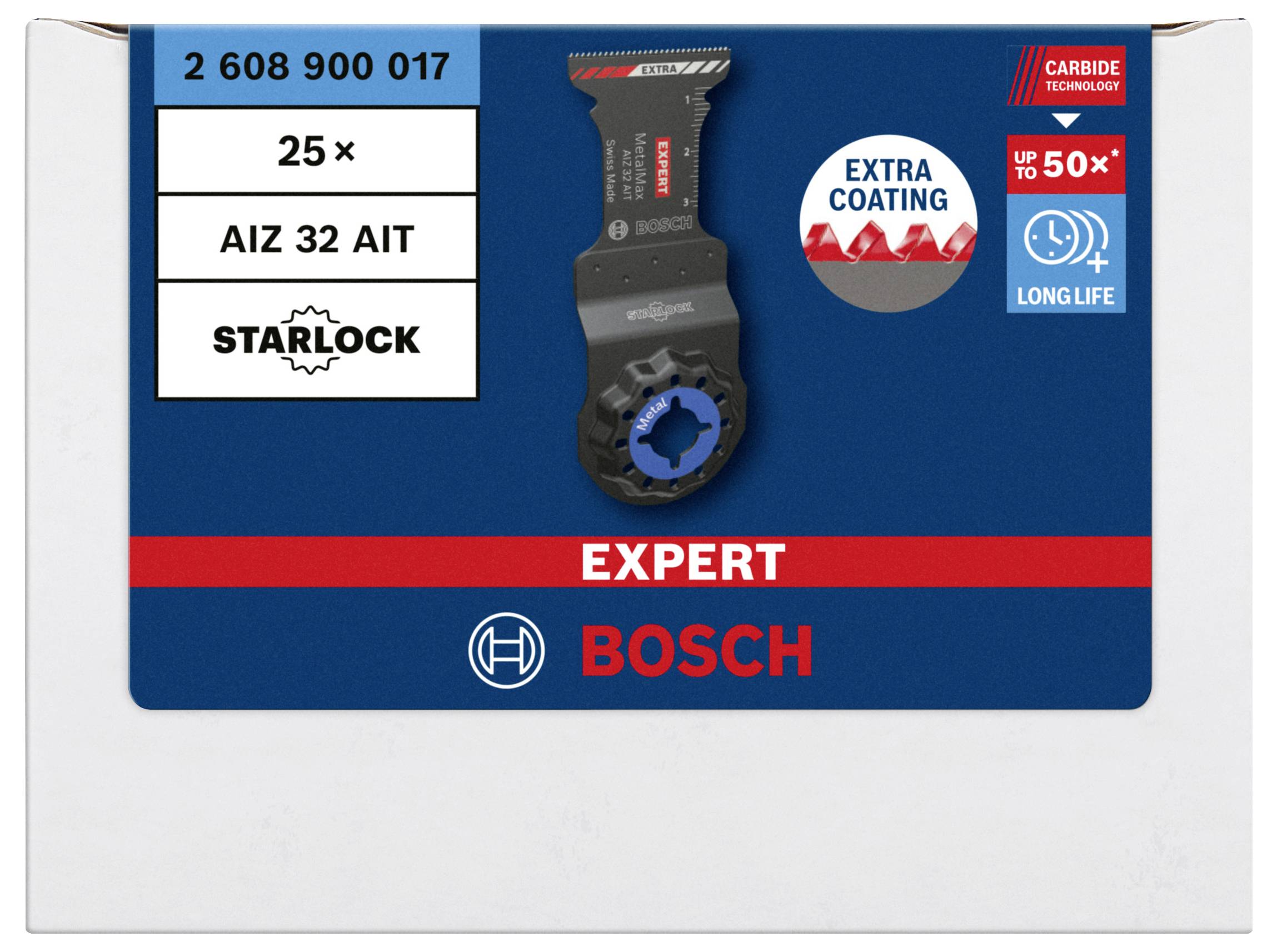 'Bosch Expert Starlock Sägeblatt-Verpackung', zeigt Artikelnummer, '25x AIZ 32 AIT', mit 'Extra Coating', langlebig, Carbide Technology.