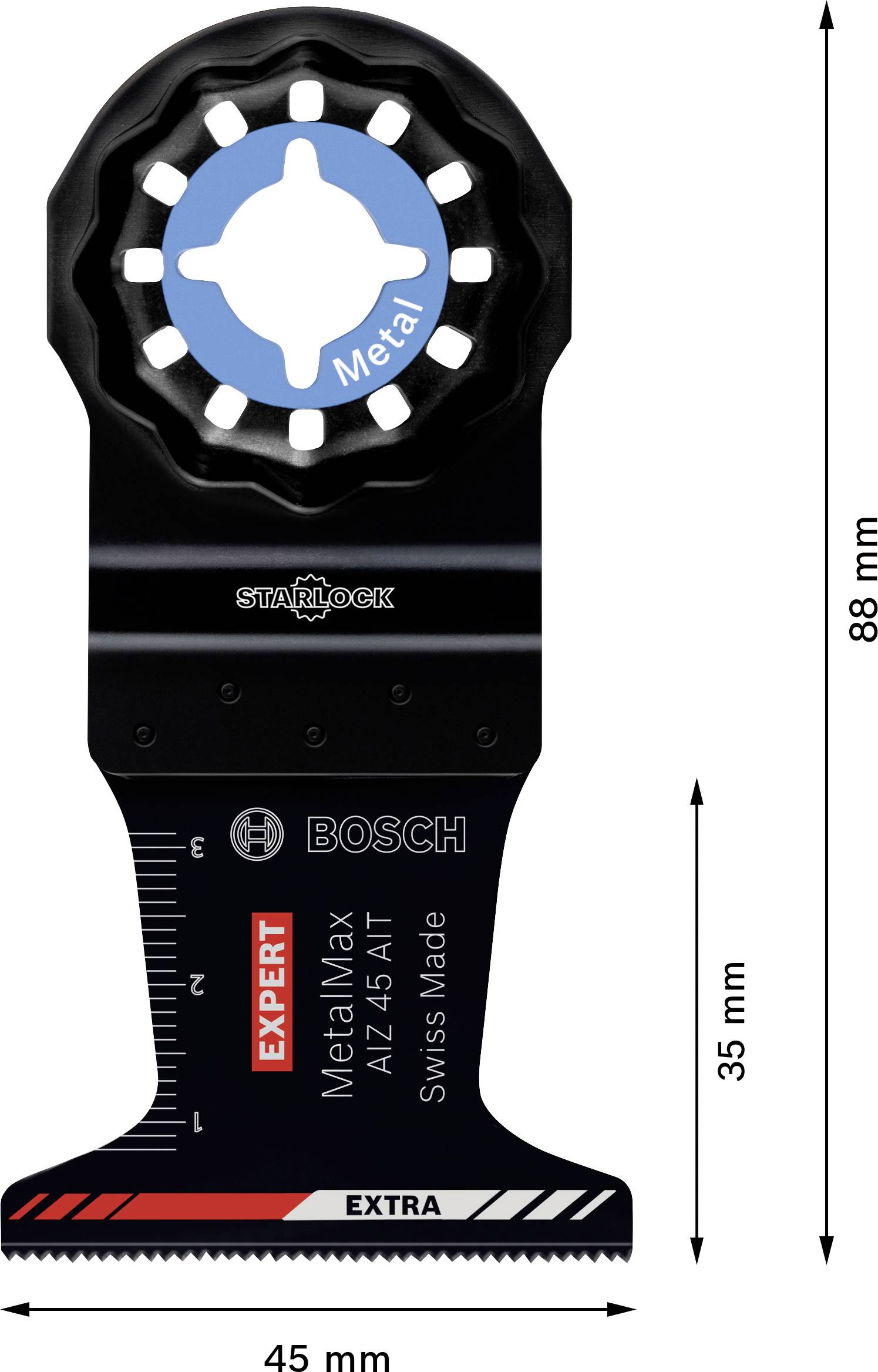 Sägeblatt mit Aufschrift 'EXPERT Metal Max', misst 88 mm x 45 mm. Geeignet für Metall, markiert mit Messskala auf der linken Seite.