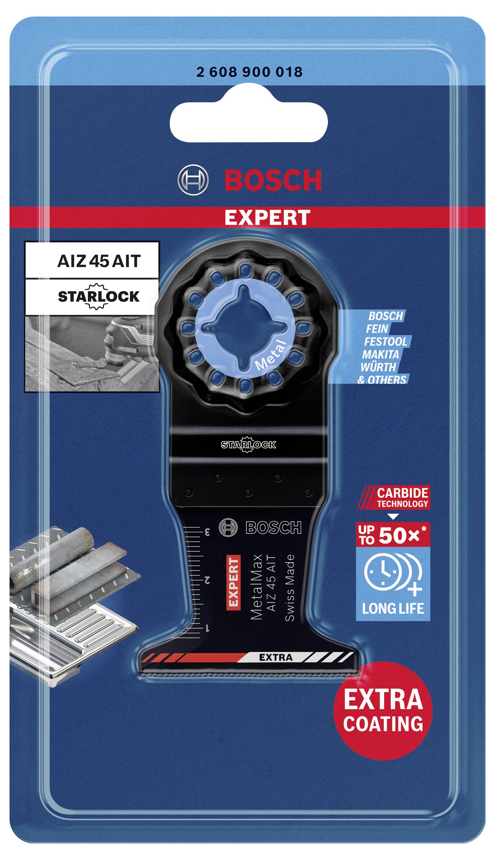 'Bosch Expert' Sägeblatt für Multitools in Verpackung. Beschriftung: 'Extra Coating', 'Bis zu 50x längere Lebensdauer', kompatibel mit Starlock-Systemen.