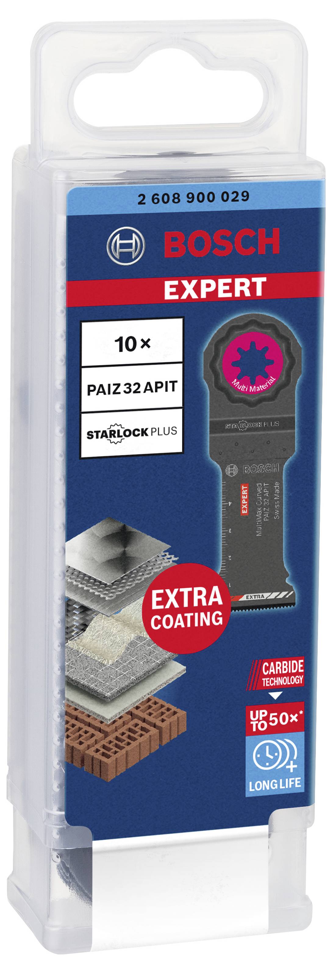 Verpackung für Bosch Expert Sägeblätter, Modell PAIZ 32 APIT, mit Starlock Plus-System. Hervorgehoben: Langlebigkeit und Extraschicht.
