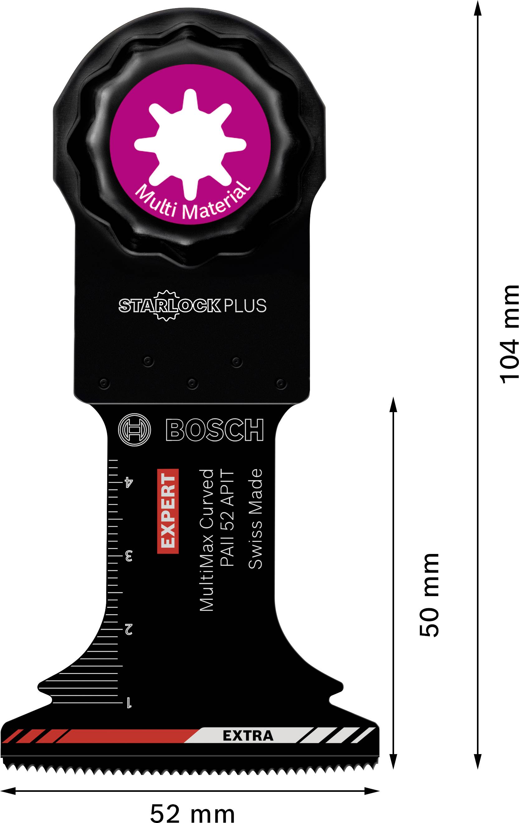 Ein Bosch MultiMax Curved Sägeblatt, 104 mm lang, 52 mm breit, mit Starlock Plus Aufnahme. Geeignet für 'Multi Material' Anwendungen.