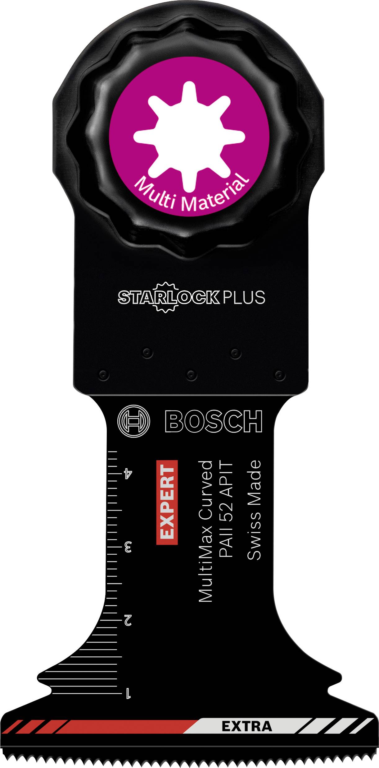 'Bosch Starlock Plus Multimax Curved PAII 52 APT' Sägeblatt für verschiedene Materialien, Maßskala an der Seite.