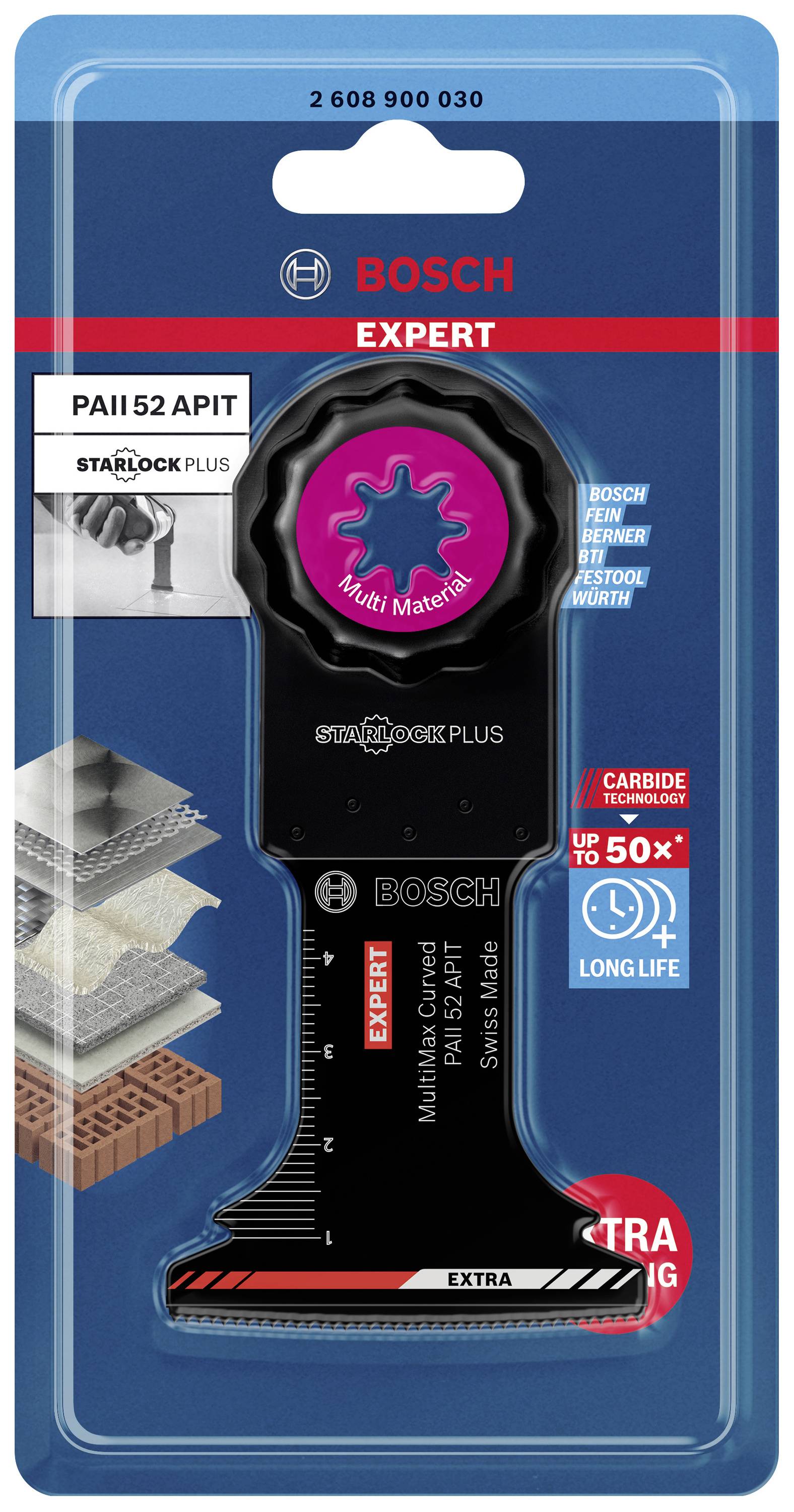 Multifunktionssägeblatt von Bosch für verschiedene Materialien. Verpackung zeigt Sägeblatt, Einsatzmöglichkeiten und Markenlogo.