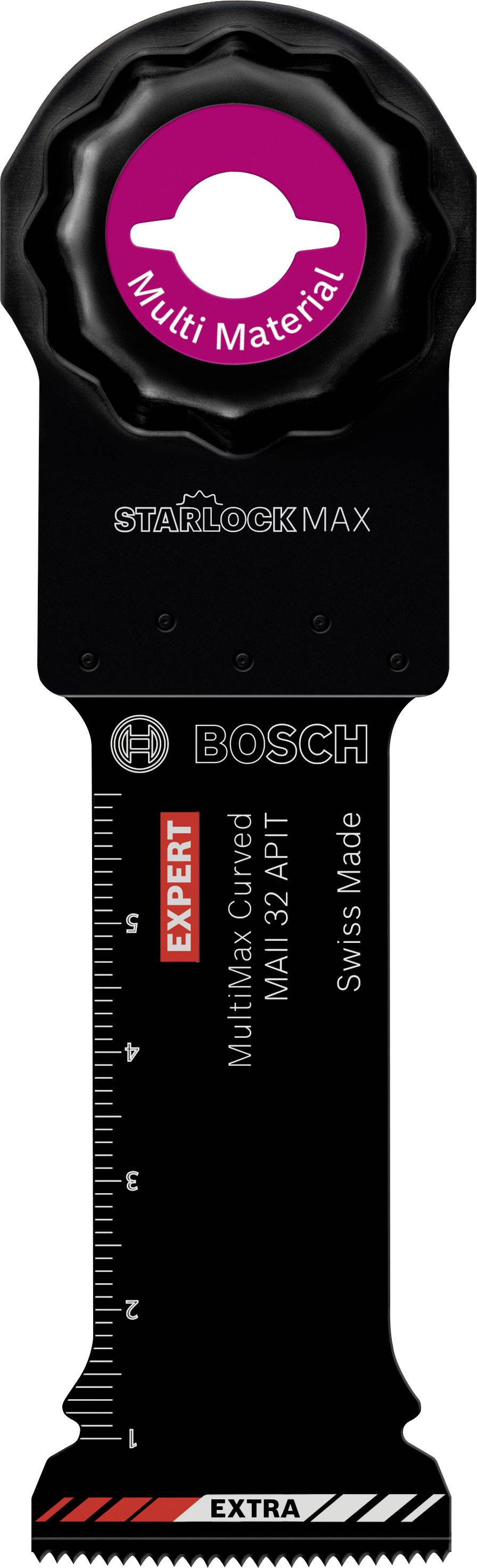 Bosch StarlockMax Sägeblatt mit Skala und 'Multi Material' Aufdruck, geeignet für verschiedene Materialien, Schweizer Herstellung.