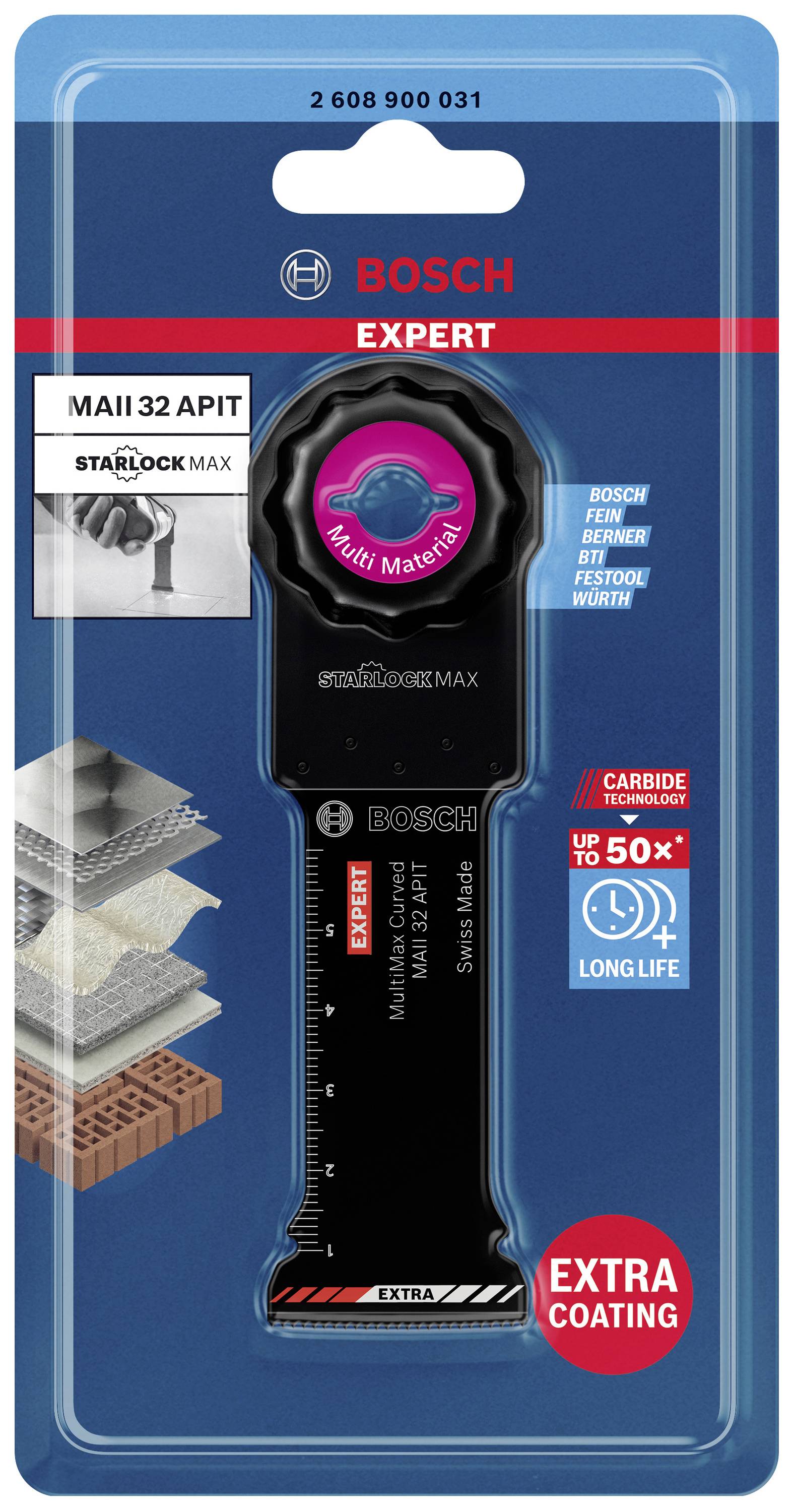Bosch Expert StarlockMAX Sägeblattverpackung mit rotierendem Rad, geeignet für 'Multi Material', verspricht lange Lebensdauer und extra Beschichtung.