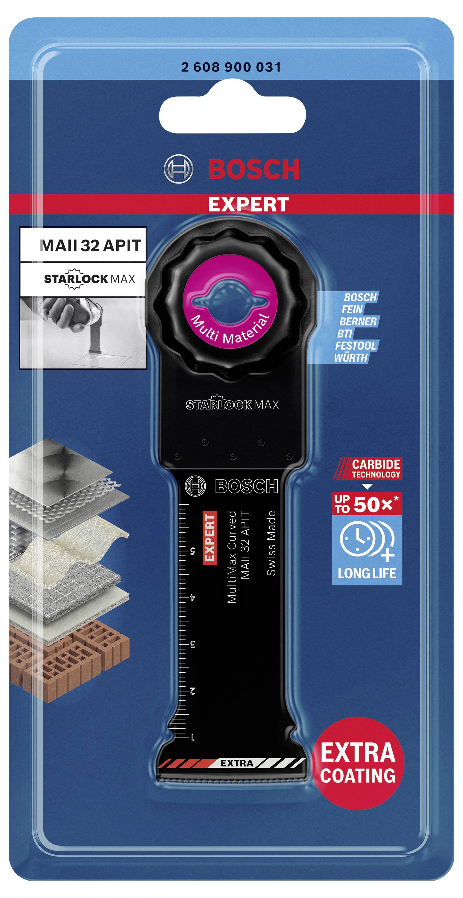 Sägeblatt-Verpackung der Marke Bosch, Modell MAII 32 APIT für verschiedene Materialien. Label betont Langlebigkeit und Vielseitigkeit.