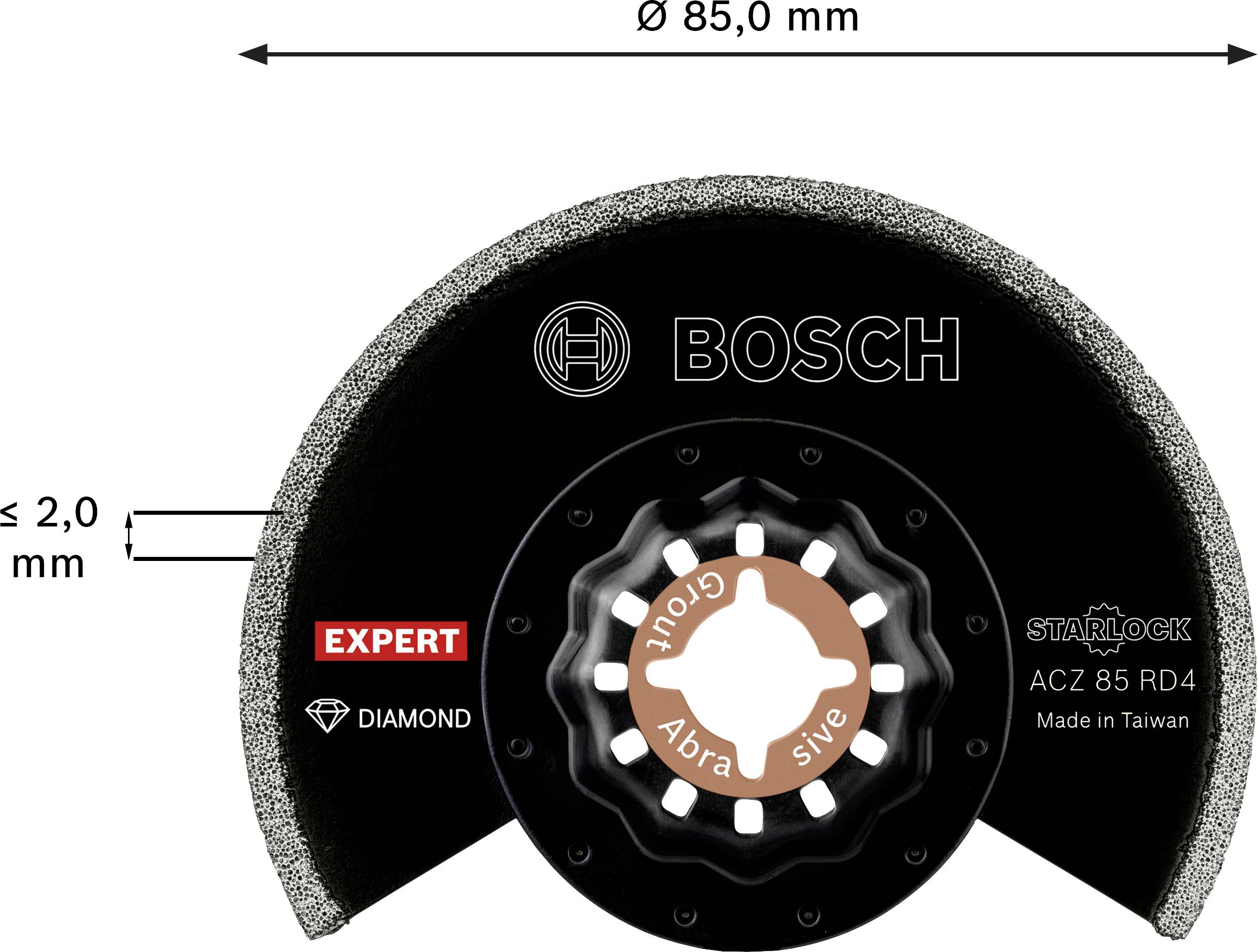 Das Bild zeigt eine Bosch Diamanttrennscheibe 'EXPERT Diamond Metal Wheel'. Durchmesser 85 mm, Dicke ≤ 2,0 mm, geeignet für Metall.