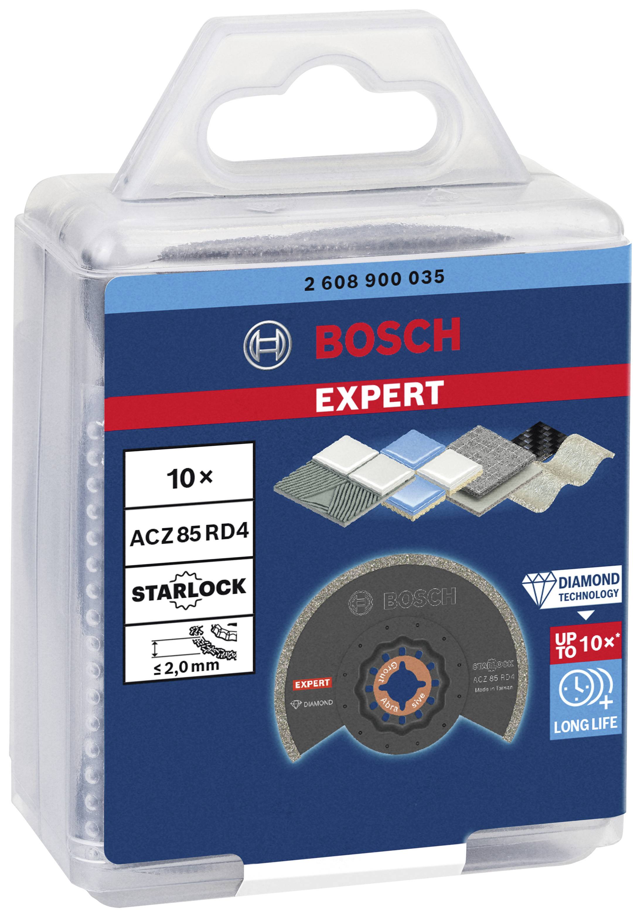 'Bosch Expert' Verpackung mit 10 Starlock Diamantsägeblättern für Fliesen, Stein und Metall. Lange Lebensdauer, präzises Schneiden.