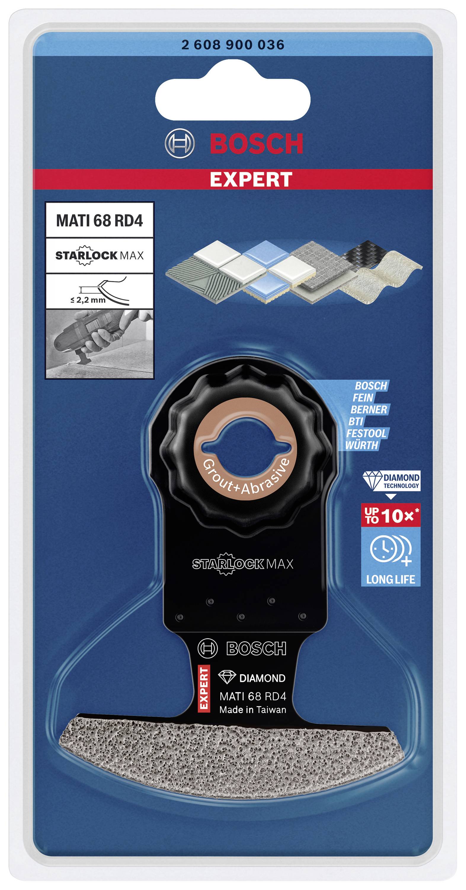 'Bosch Expert' Multitool-Klinge, Modell 'MATI 68 RD4', für Fugenentfernung, langlebig, geeignet für Fliesen- und Steinbearbeitung.