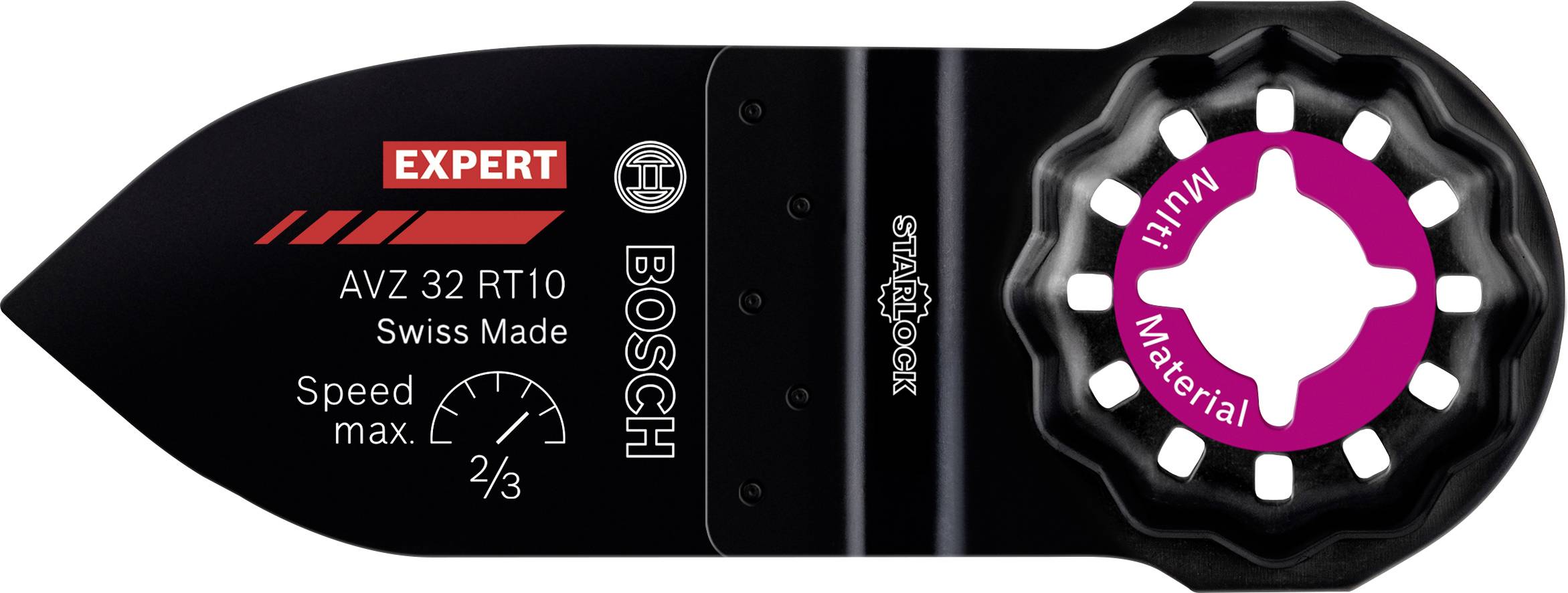 Sägeblatt von Bosch, Modell AVZ 32 RT10, Swiss Made, Expert-Serie, zeigt maximale Geschwindigkeit von zwei Dritteln. Für Multi-Materialien geeignet.
