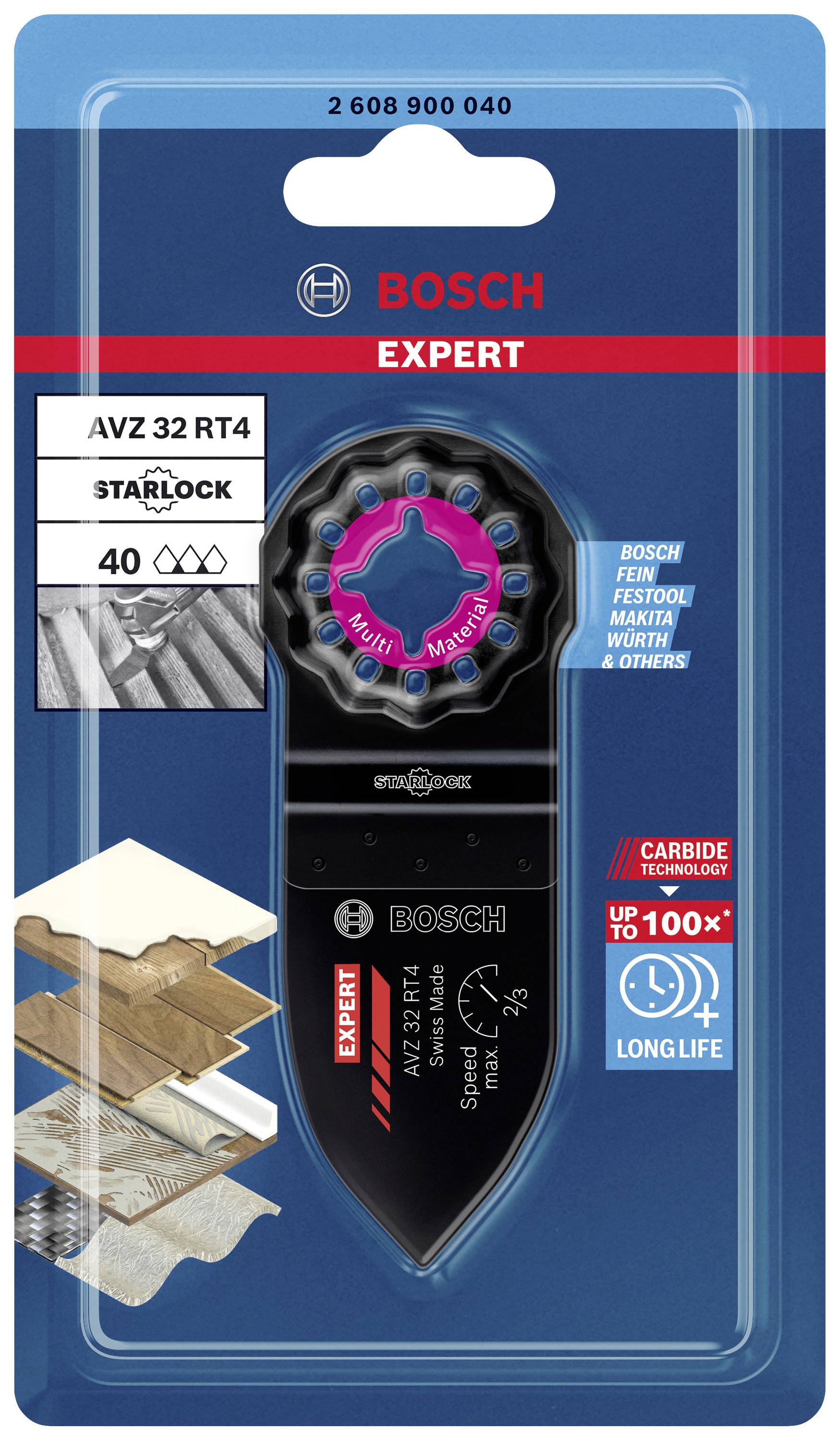 Sägeblatt AVZ 32 RT4 von Bosch Expert mit Starlock-Aufnahme, geeignet für Holz und andere Materialien, zeigt Abbildung der Verpackung.