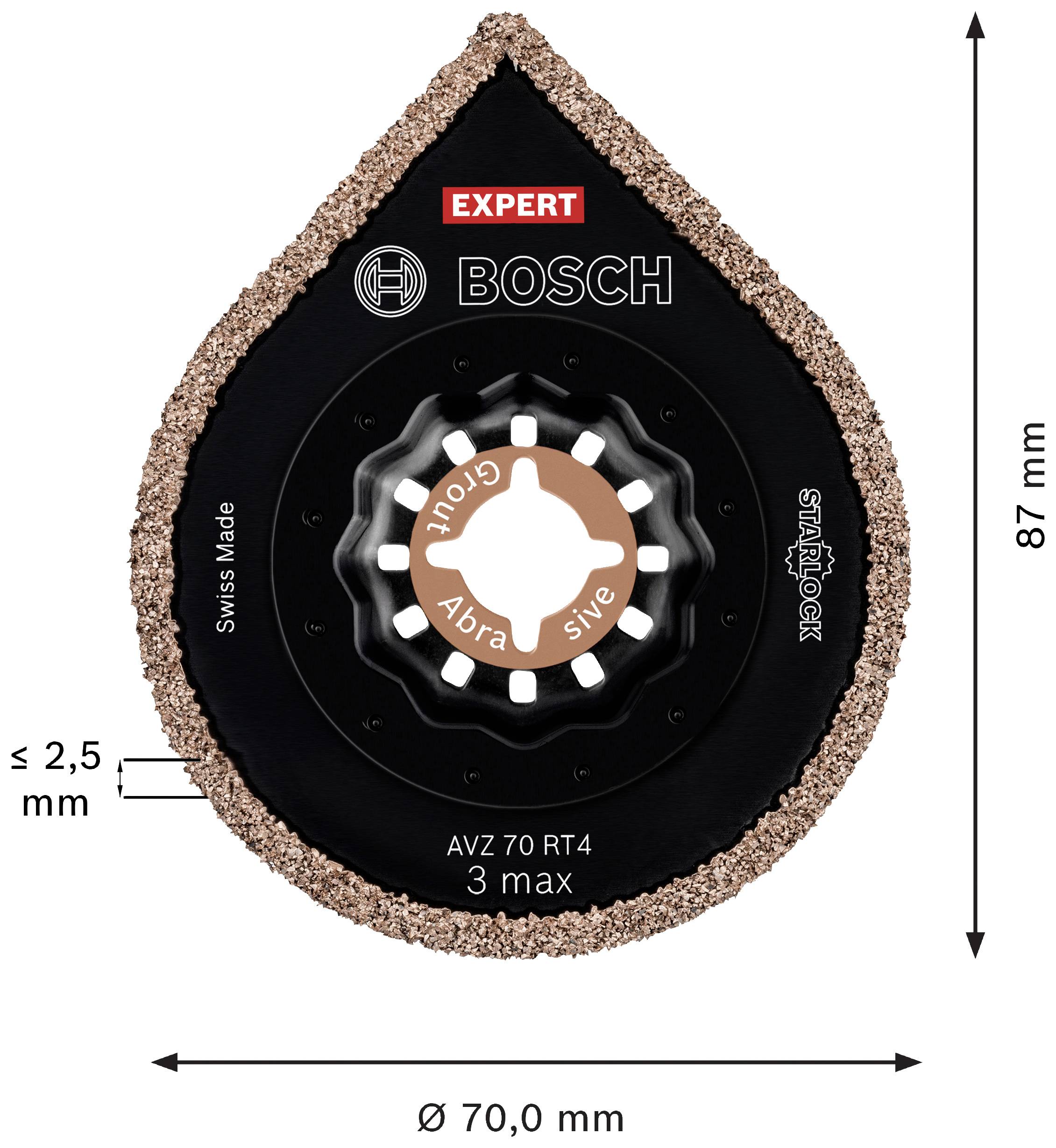 Tropfenförmige Schleifscheibe von Bosch, Modell AVZ 70 RT4. Maße: 70 mm Durchmesser, 87 mm Höhe, ≤ 2,5 mm Dicke.