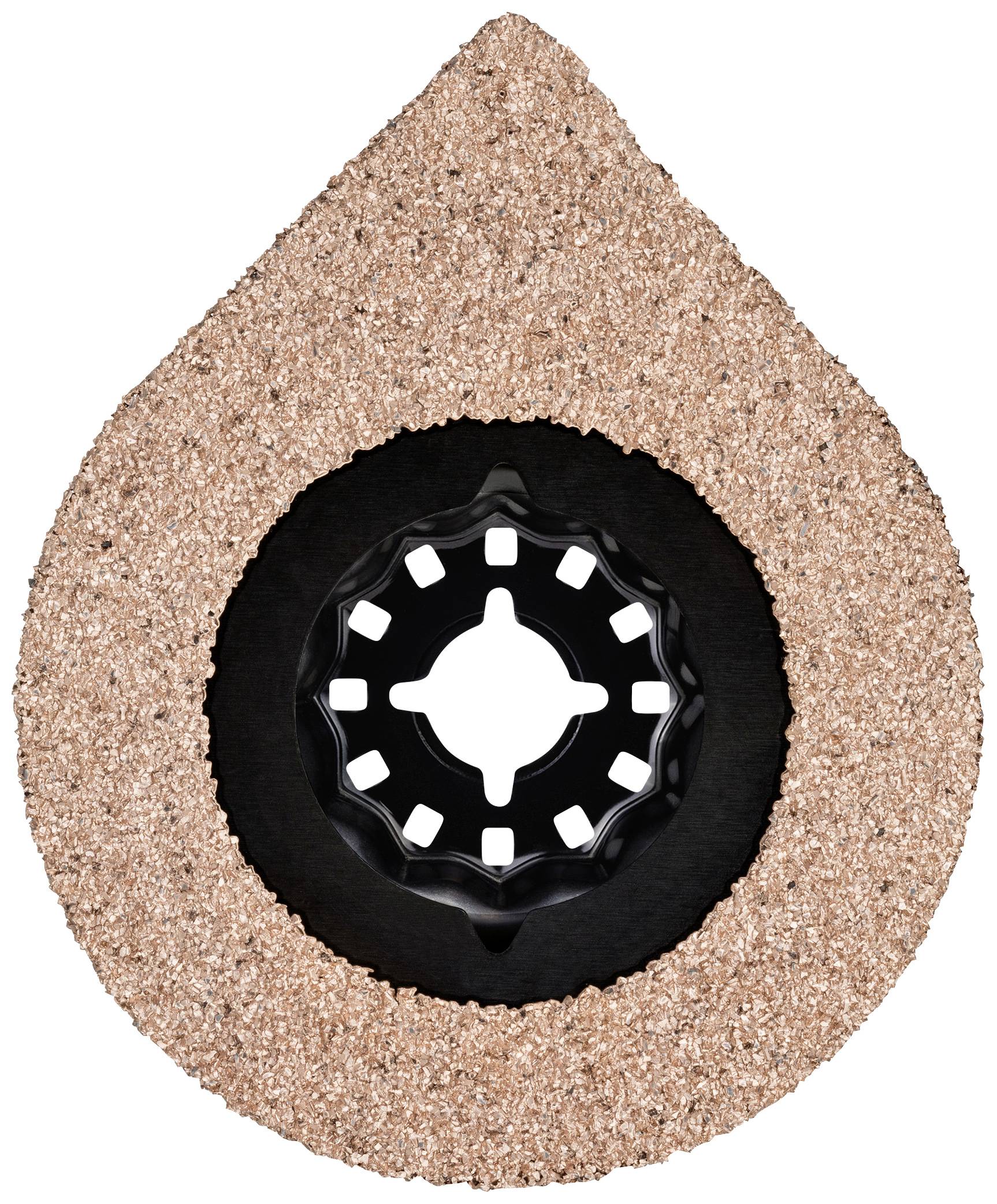 Schleifwerkzeug mit grober, sandähnlicher Oberfläche. Tropfenform mit zentraler Befestigung. Für Materialbearbeitung geeignet.