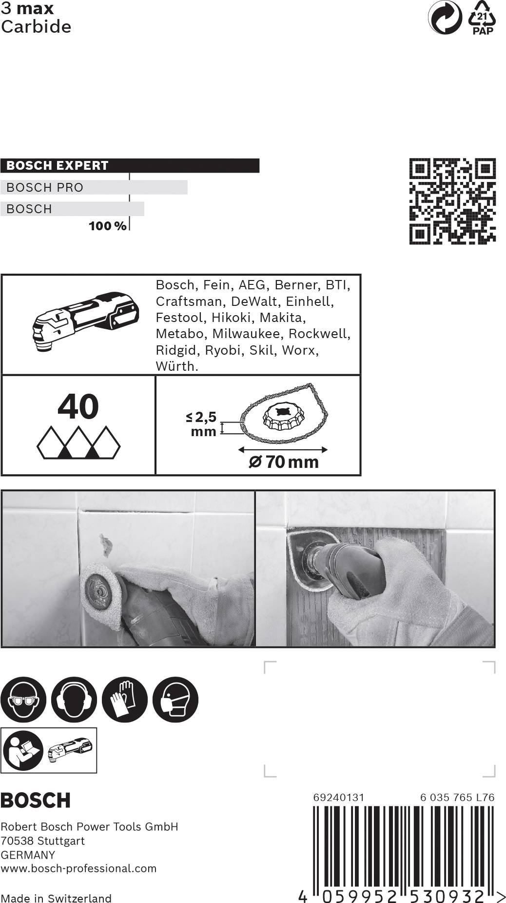 Bohrer-Set-Verpackung: SDS max Aufsatz, passend für Bohrhammer. Enthält Symbolik und QR-Code. Geeignet für Beton, Ziegel, Stein.