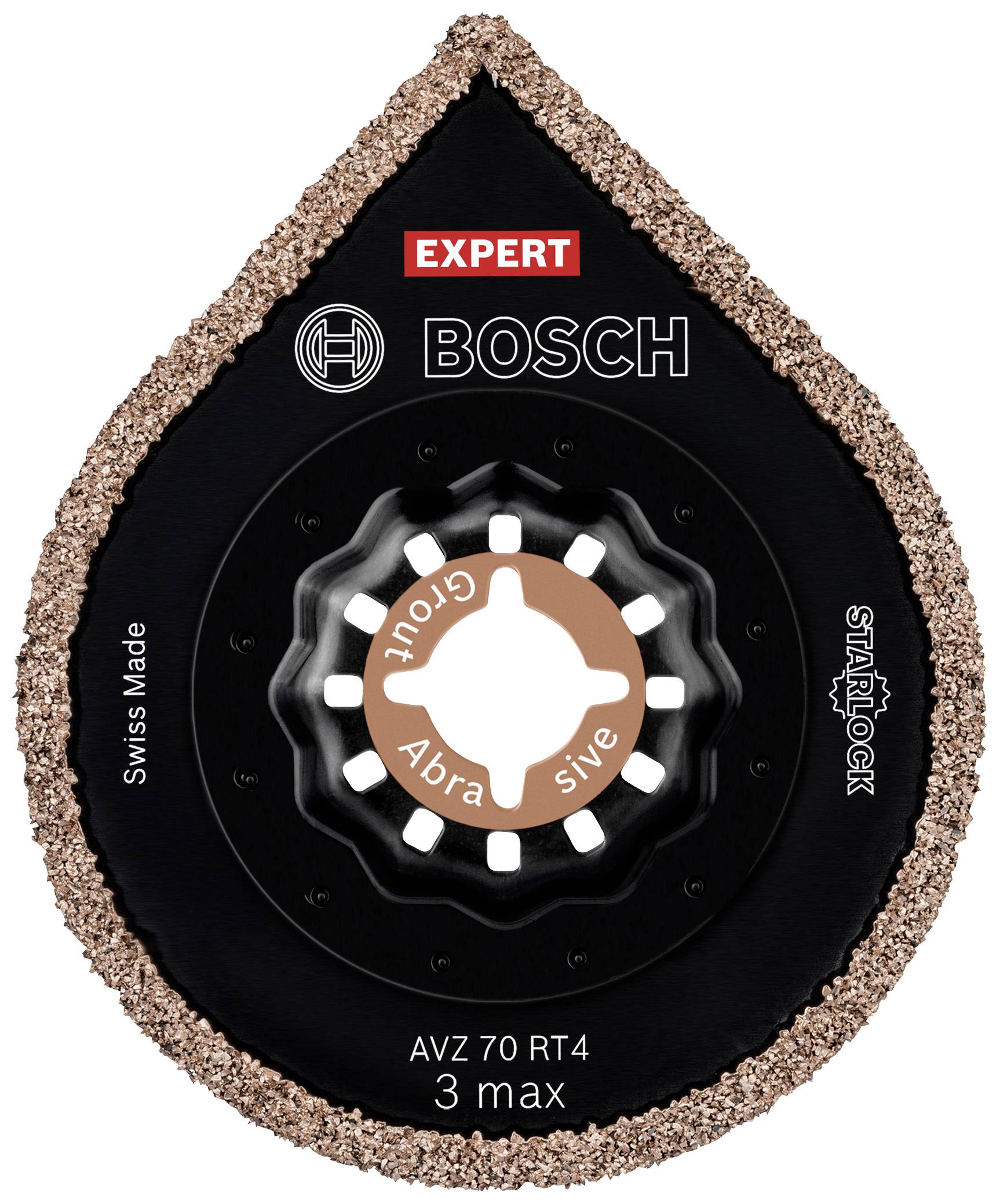 'Bosch Expert' Schleifblatt mit Markenlogo und 'Swiss Made'-Aufschrift, Tränenform, robuste Körnung, geeignet für diverse Oberflächen.