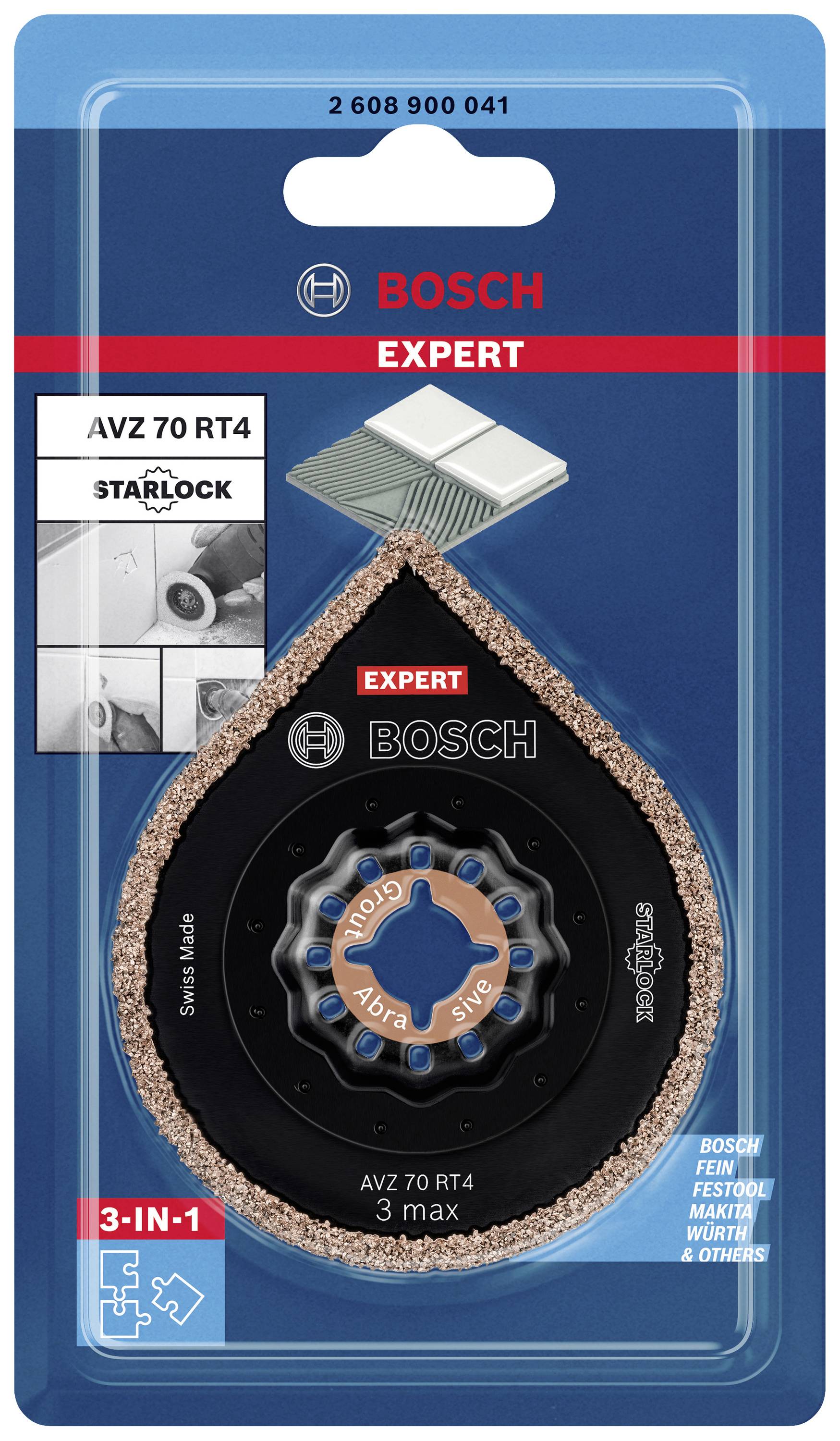 Bosch Expert Starlock Schleifblatt für Feinbearbeitung. Zeigt ein Schleifwerkzeug auf einer blauen Verpackung mit Markenlogo.