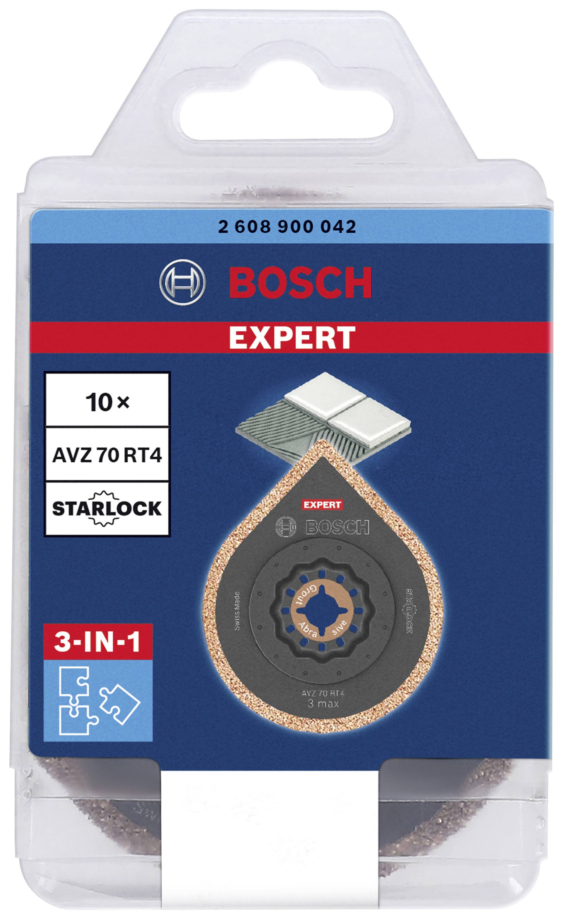 Verpackung eines Starlock-Zubehöres der Marke Bosch, Modell AVZ 70 RT4. Enthält 10 Stück, geeignet für Schleif- und Schneidearbeiten.