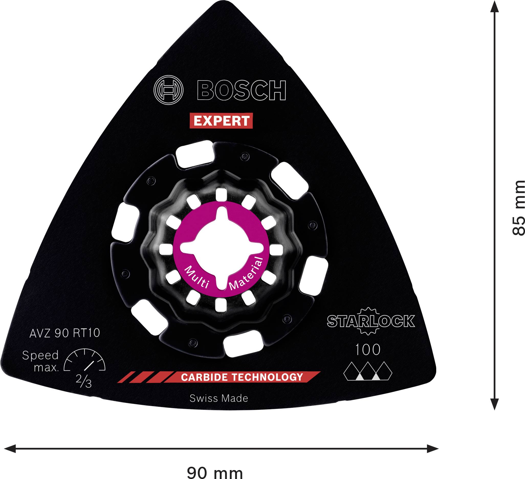 Ein dreieckiges Multitool-Sägeblatt, schwarzer Hintergrund, 90 mm breit, 85 mm hoch. Markenlogos und 'Expert' in roter Schrift.