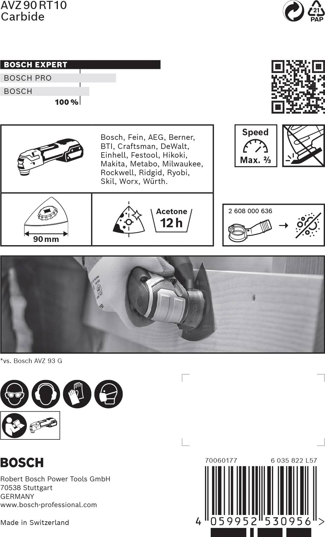 'Bosch' Sägeblatt, geeignet für Materialien wie Holz und Metall. Geschwindigkeit max. 5.000 U/min, Acetonbeständigkeit 12 Stunden.