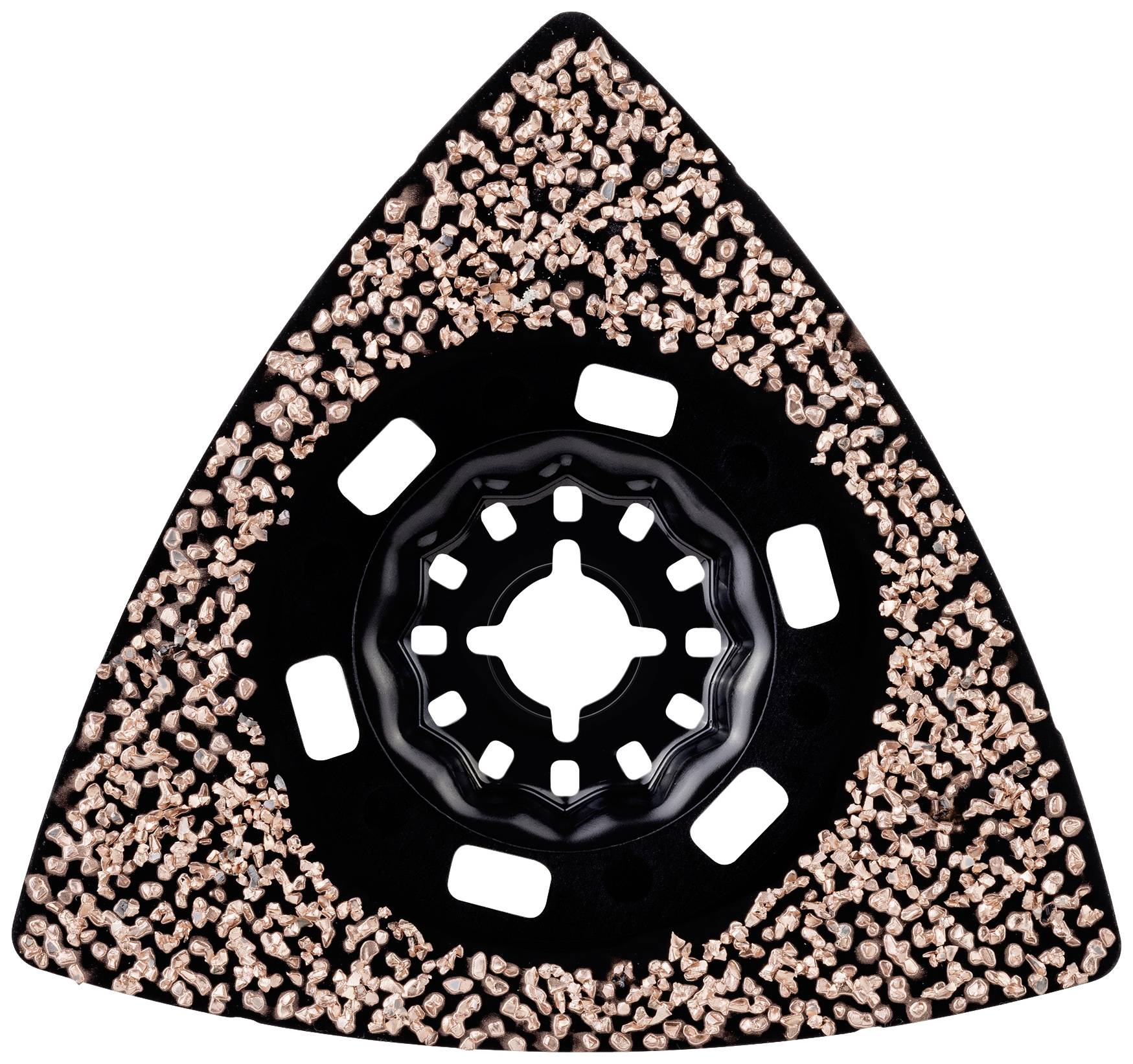 Schwarz-dreieckiges Schleifblatt mit rauer, kupferfarbener Beschichtung und zentralem Loch für oszillierende Werkzeuge.