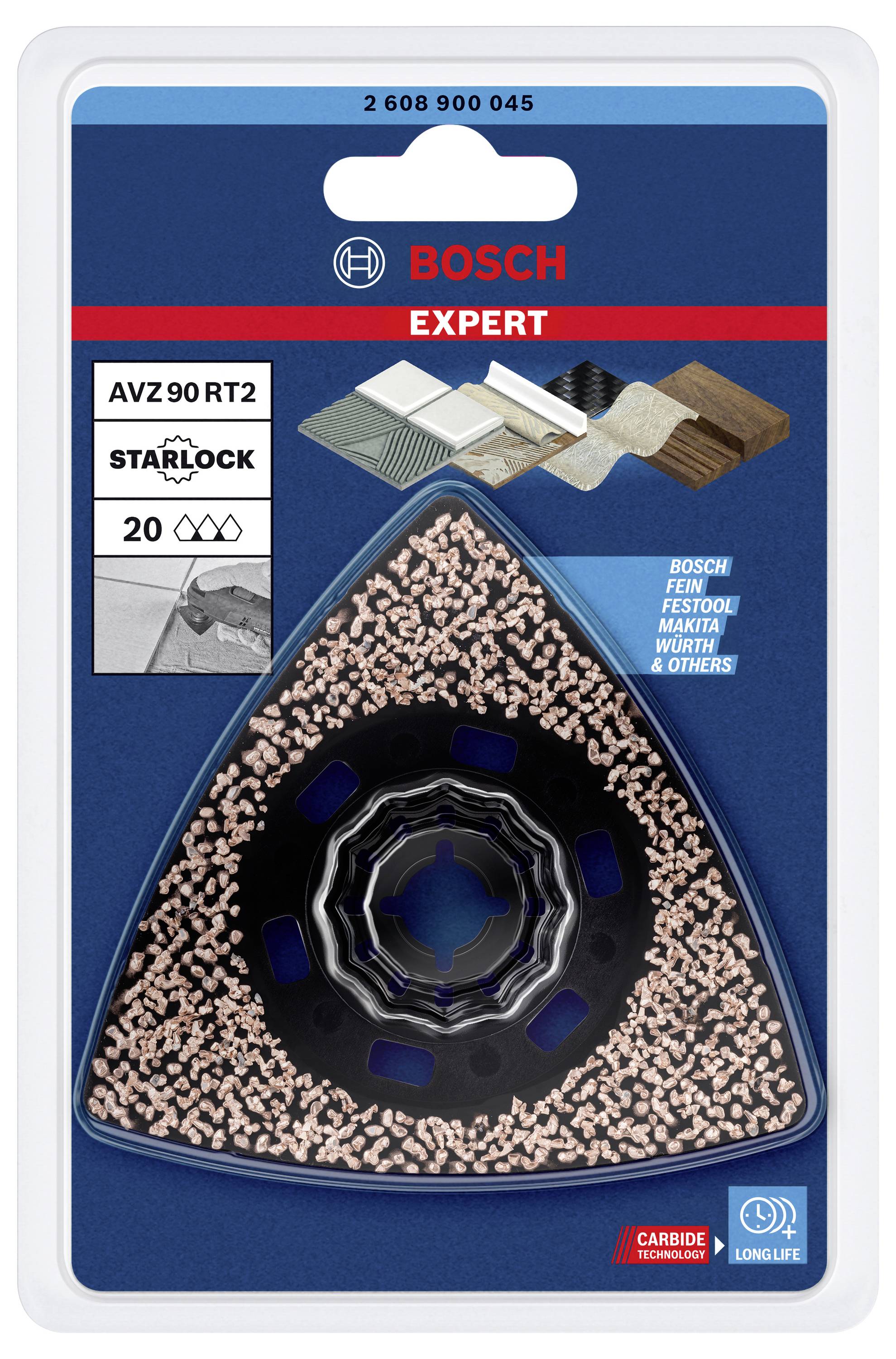Dreieckiges Schleifzubehör von Bosch, Modell AVZ 90 RT2 Starlock, ideal für Holz und Fliesen. Enthält 20 Stück, langlebiges Material.