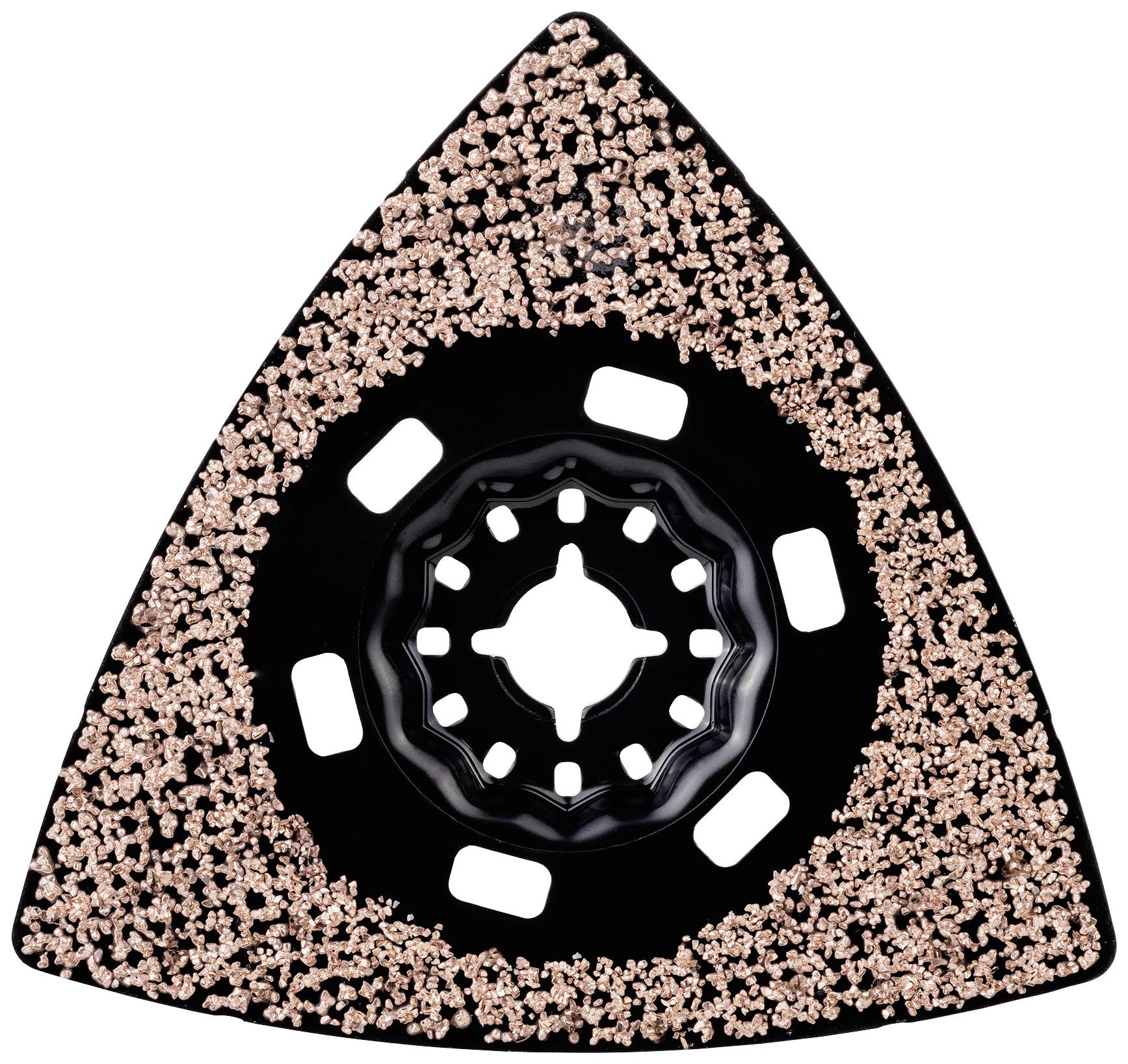 Ein dreieckiges Schleifpad mit grober, sandähnlicher Beschichtung auf schwarzem Hintergrund, zur Verwendung mit einem Multifunktionswerkzeug.