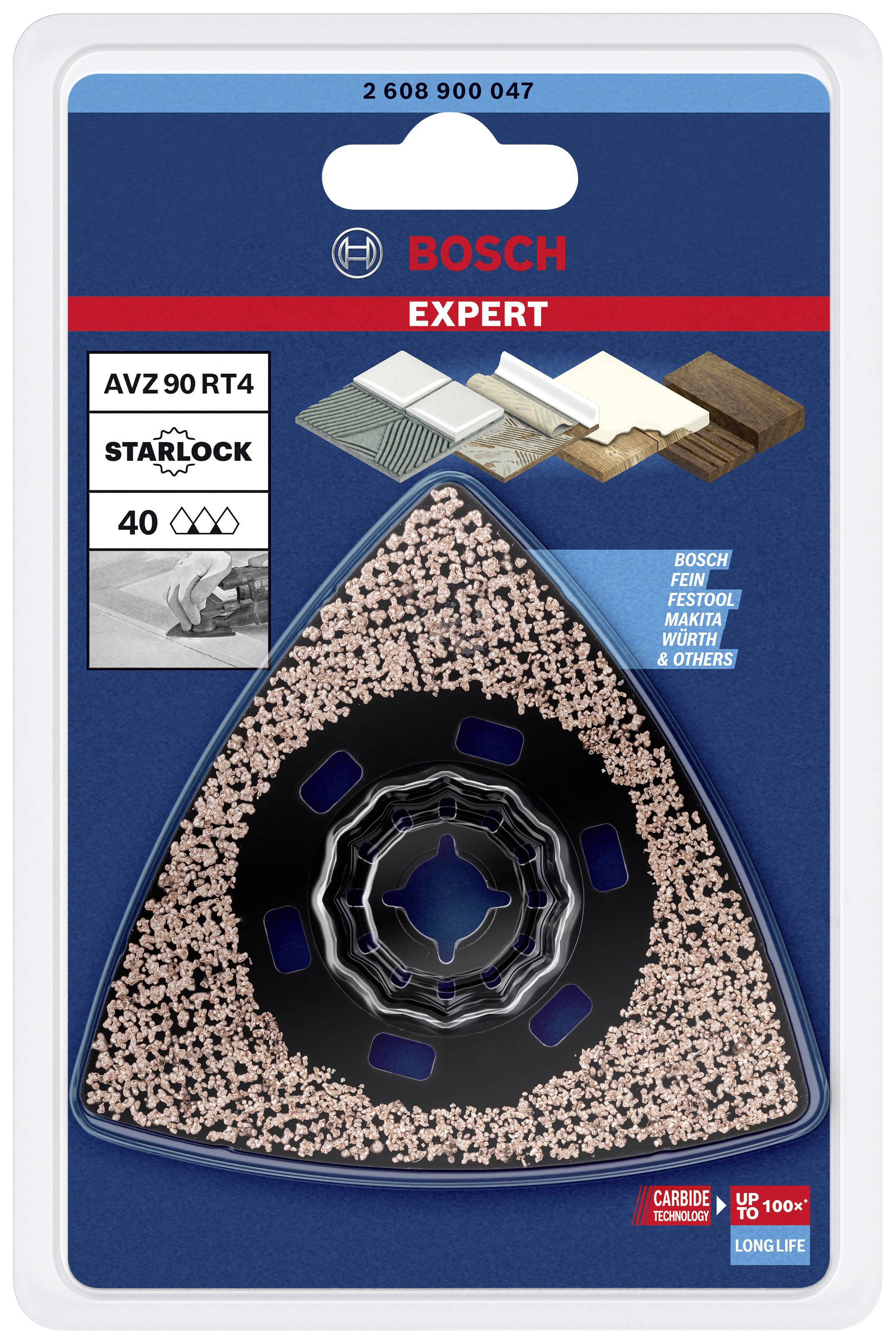 Dreieckiges Schleifpad Bosch Expert AVZ 90 RT4, geeignet für Holz- und Metallarbeiten, kompatibel mit Starlock-Systemen.
