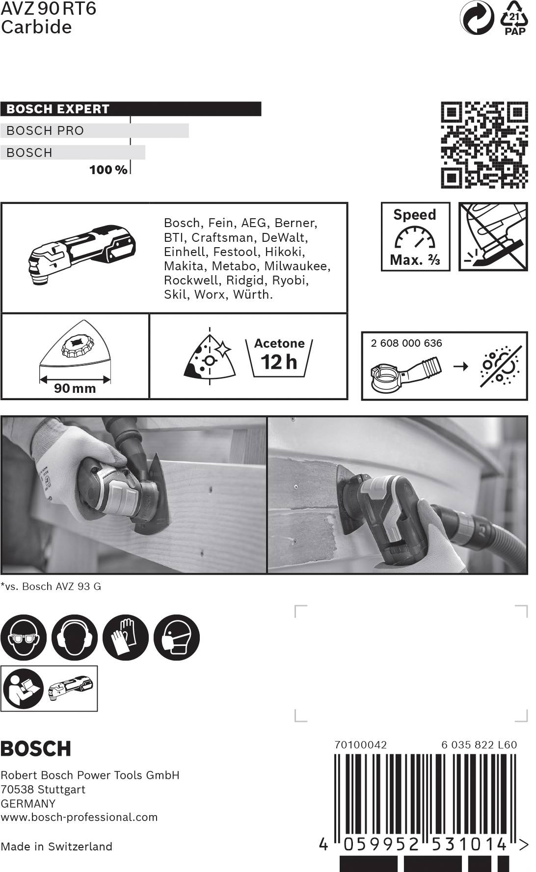 'Bosch AVZ90RT6 Carbide': Werkzeug-Etikett zeigt Bosch Expert für Multitools. Enthält Herstellerinformationen und QR-Codes, 90mm, 100% Expert Speed.