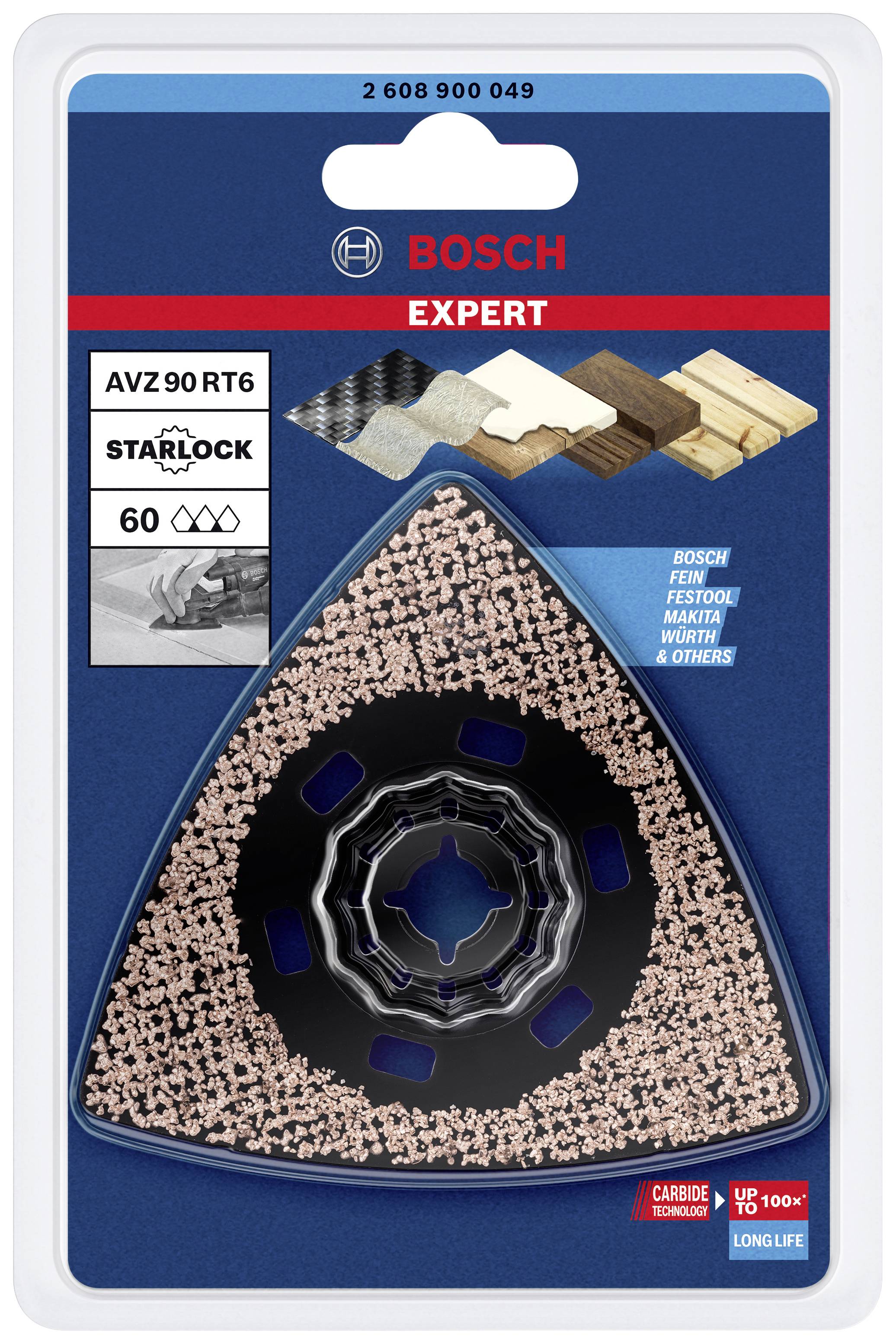 Dreieckige Schleifscheibe Bosch Expert AVZ 90 RT6 für oszillierende Werkzeuge, mit Hartmetallkörnung für effiziente Materialentfernung.