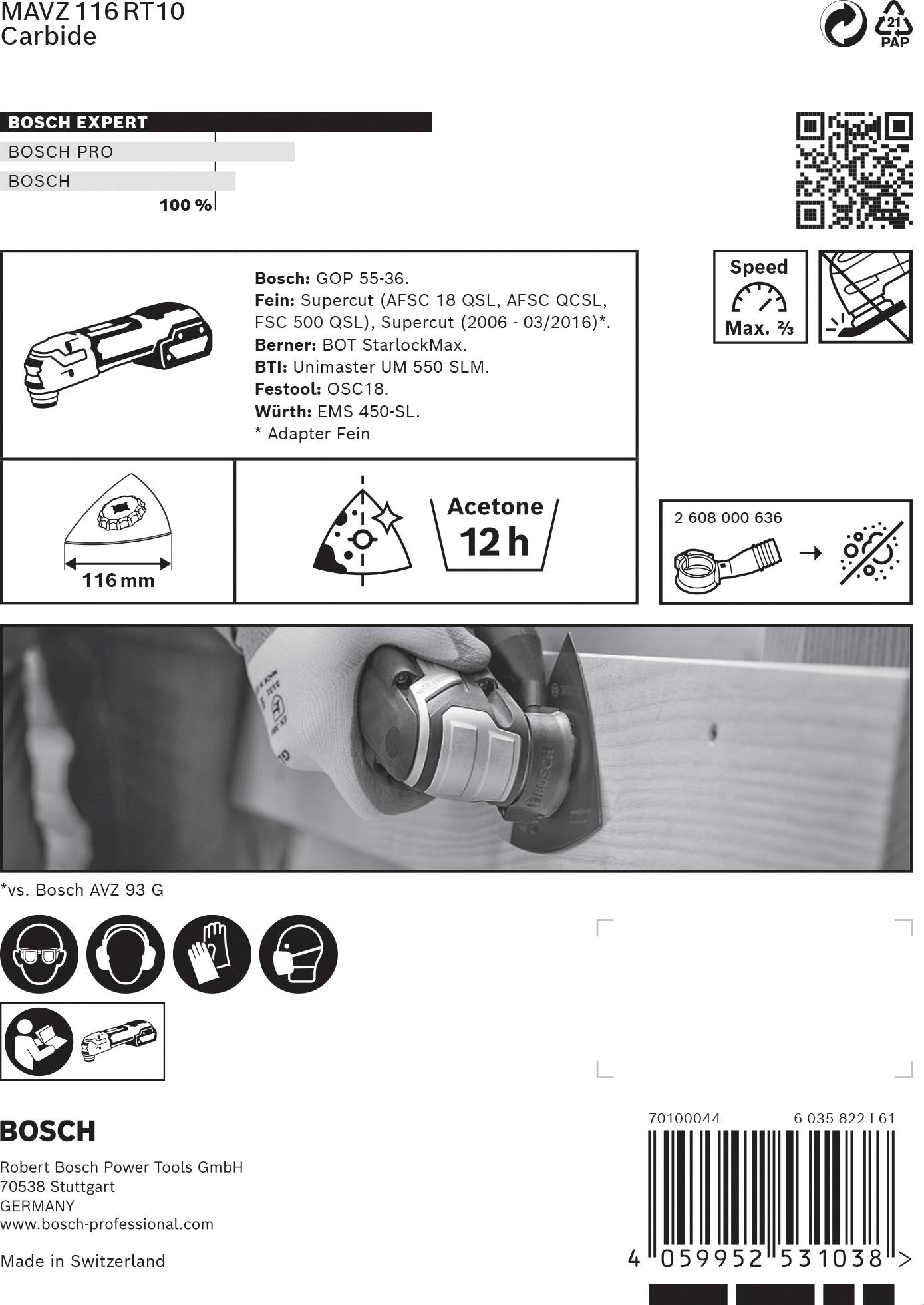 'Bosch-Expert' Produktverpackung für ein Segment-Sägeblatt. Details: Bosch GOP 55-36, Aceton 12h, Made in Switzerland, Abmessungen 65x40 mm, Bohrung 12 mm.