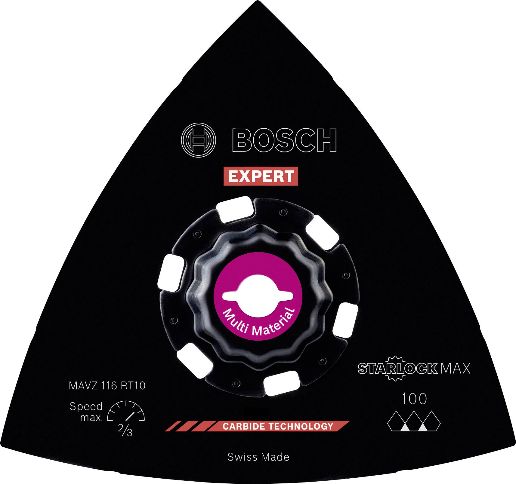 Dreieckiges Sägeblatt von Bosch für Multi-Materialien, passend für Starlock Max-System. Swiss Made, empfiehlt max. Geschwindigkeit von 2/3.