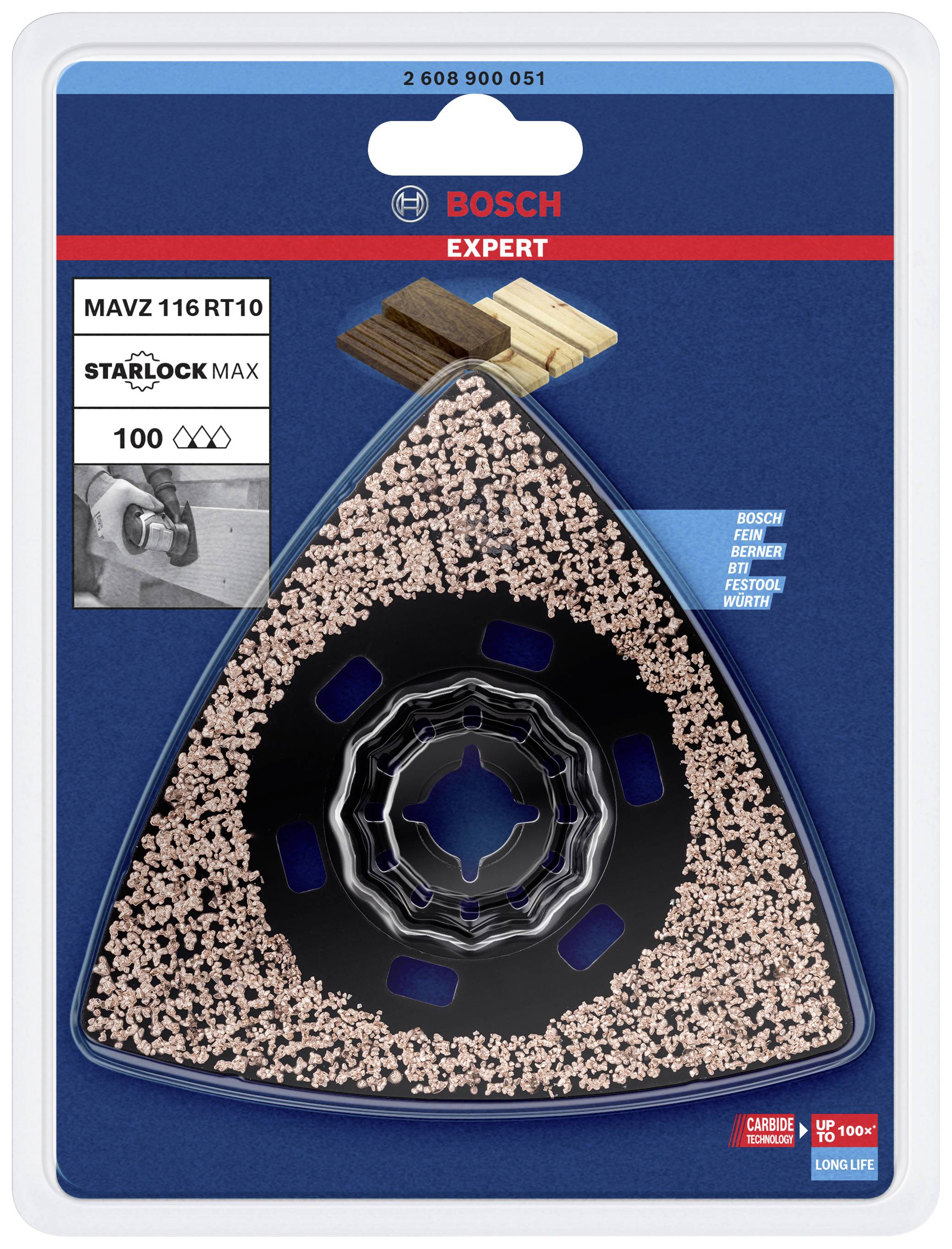 'Bosch Expert' Schleifscheibe in dreieckiger Form, geeignet zum Trennen von Holzoptik-Laminat. Zeigt die Verpackung mit Produktdetails.
